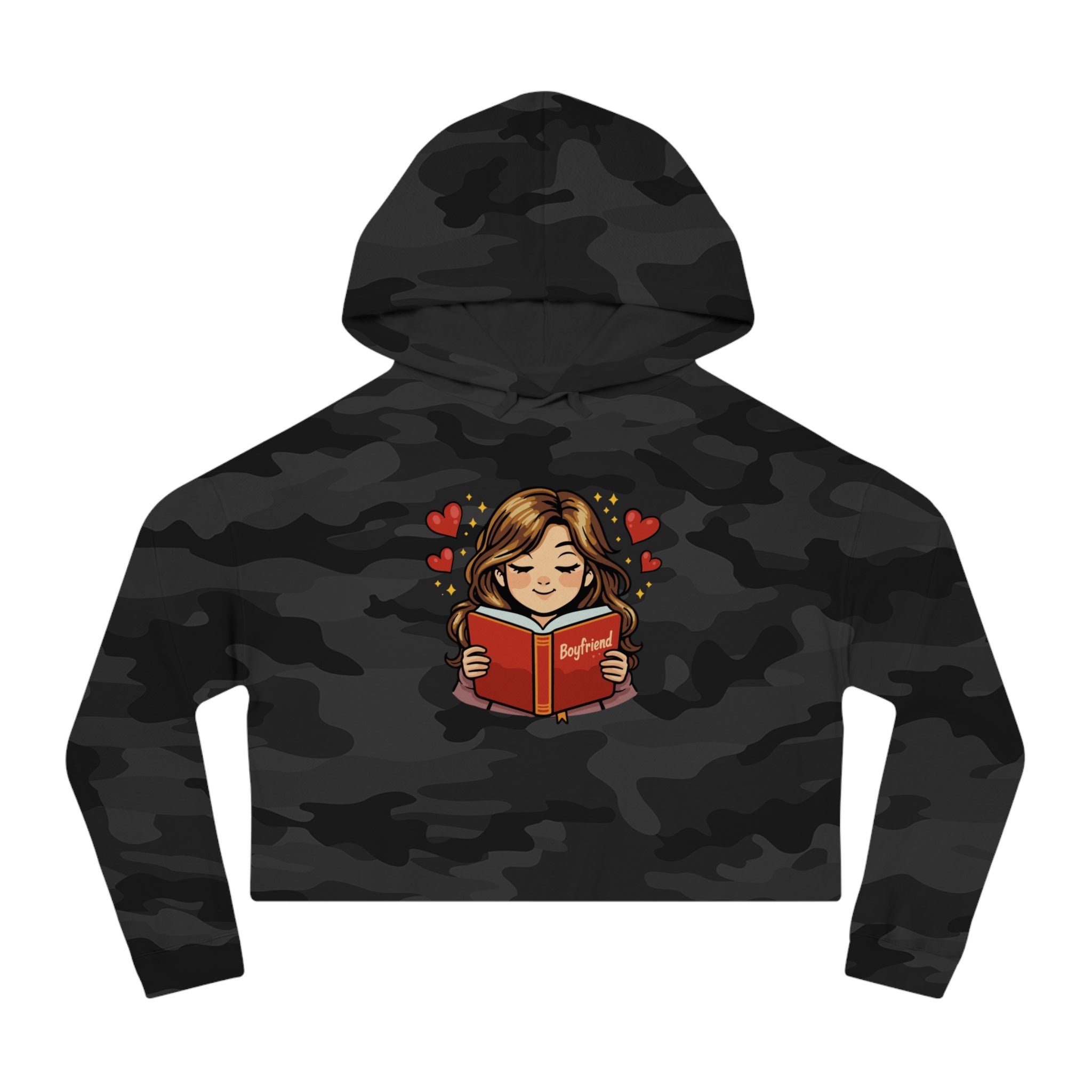Black camouflage cropped hoodie with anime girl reading a book titled "Boyfriend".
