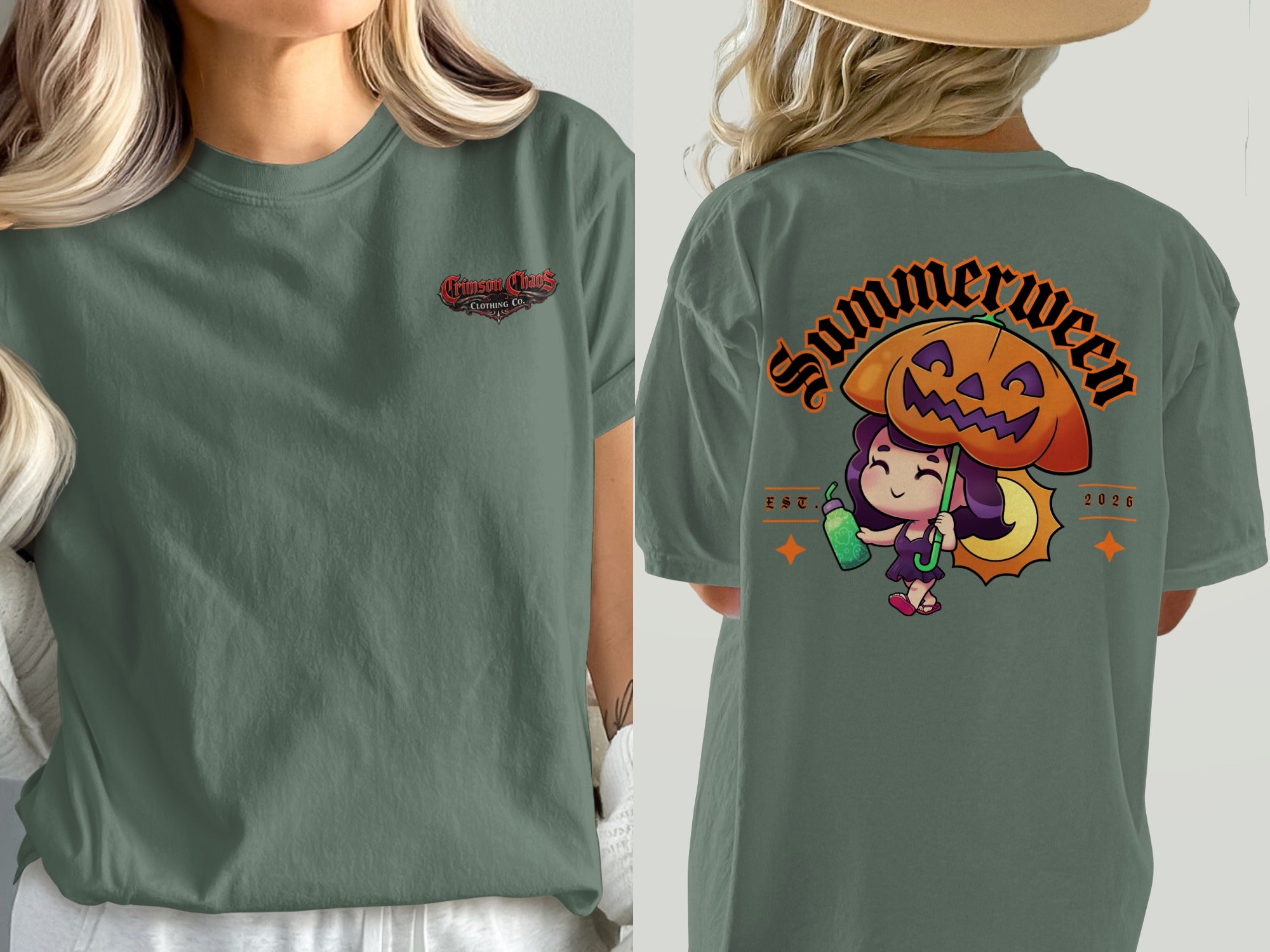 Green t-shirt with Crimson Chaos logo on front and Summerween graphic on back.
