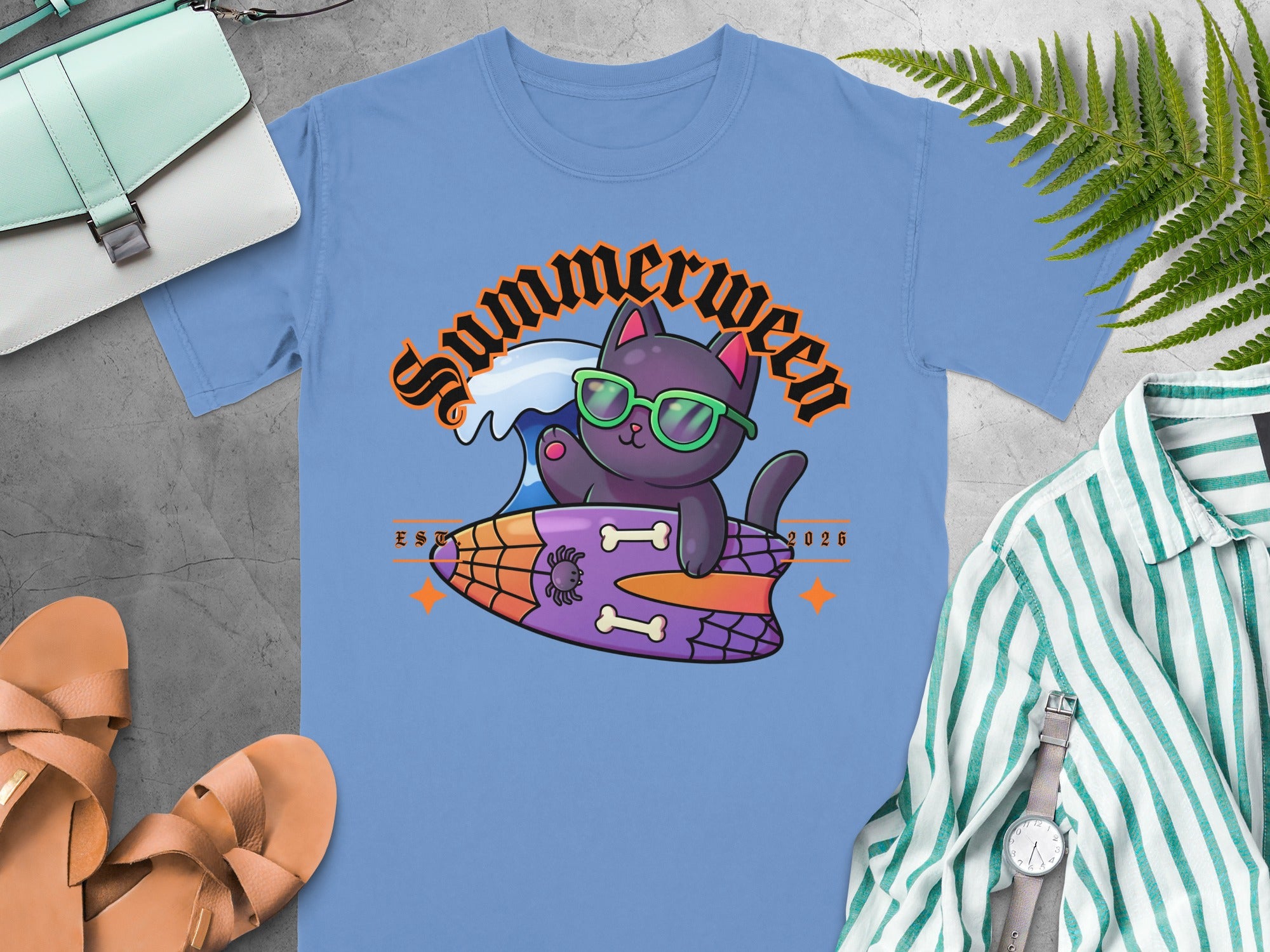 Black cat with sunglasses surfs a spiderweb board under "Summerween" text.