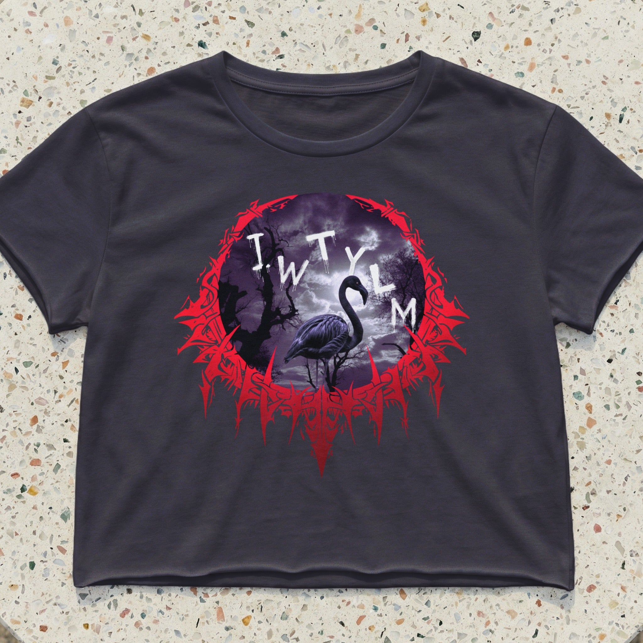 Black cropped t-shirt with a circular graphic featuring a flamingo and the text "IW TYLM".