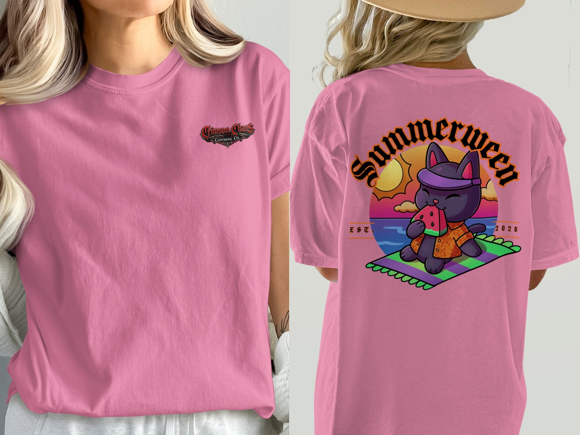Pink t-shirt with Crimson Chaos Clothing Co. logo on front and cat with watermelon on back.