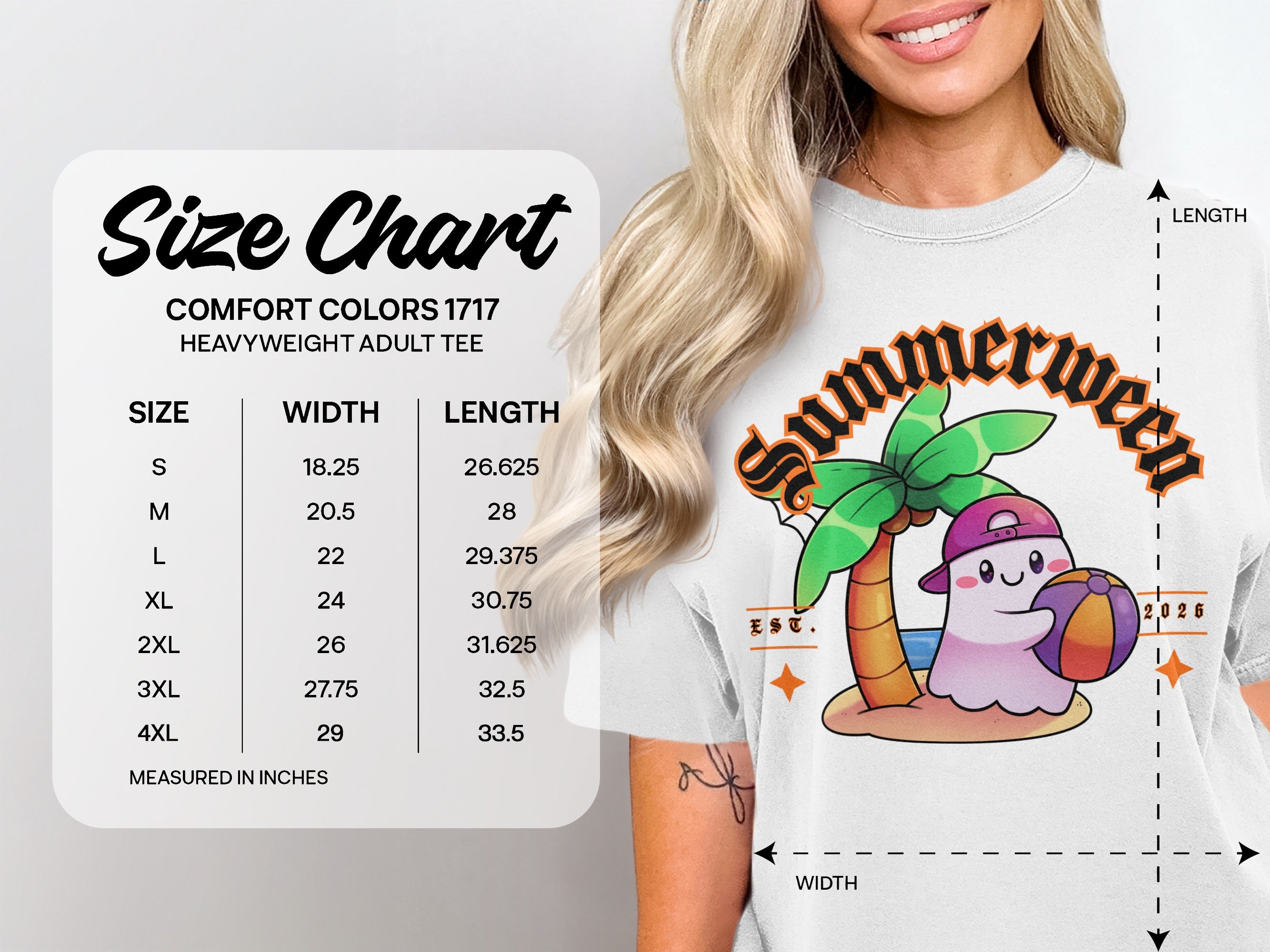 Comfort Colors 1717 size chart for adult tees with width and length measurements.