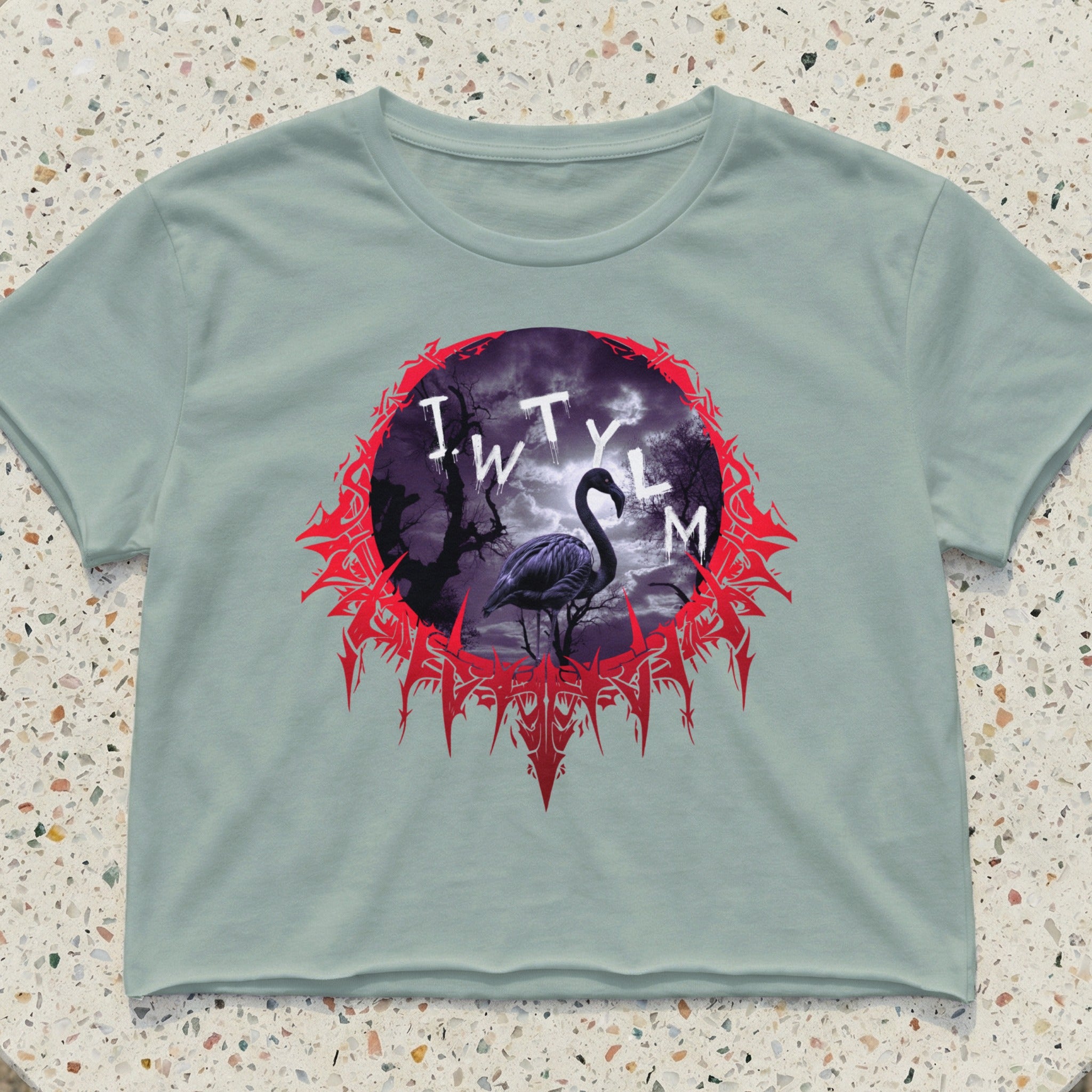 Crop top with a black flamingo silhouette against a spooky moonlit sky.