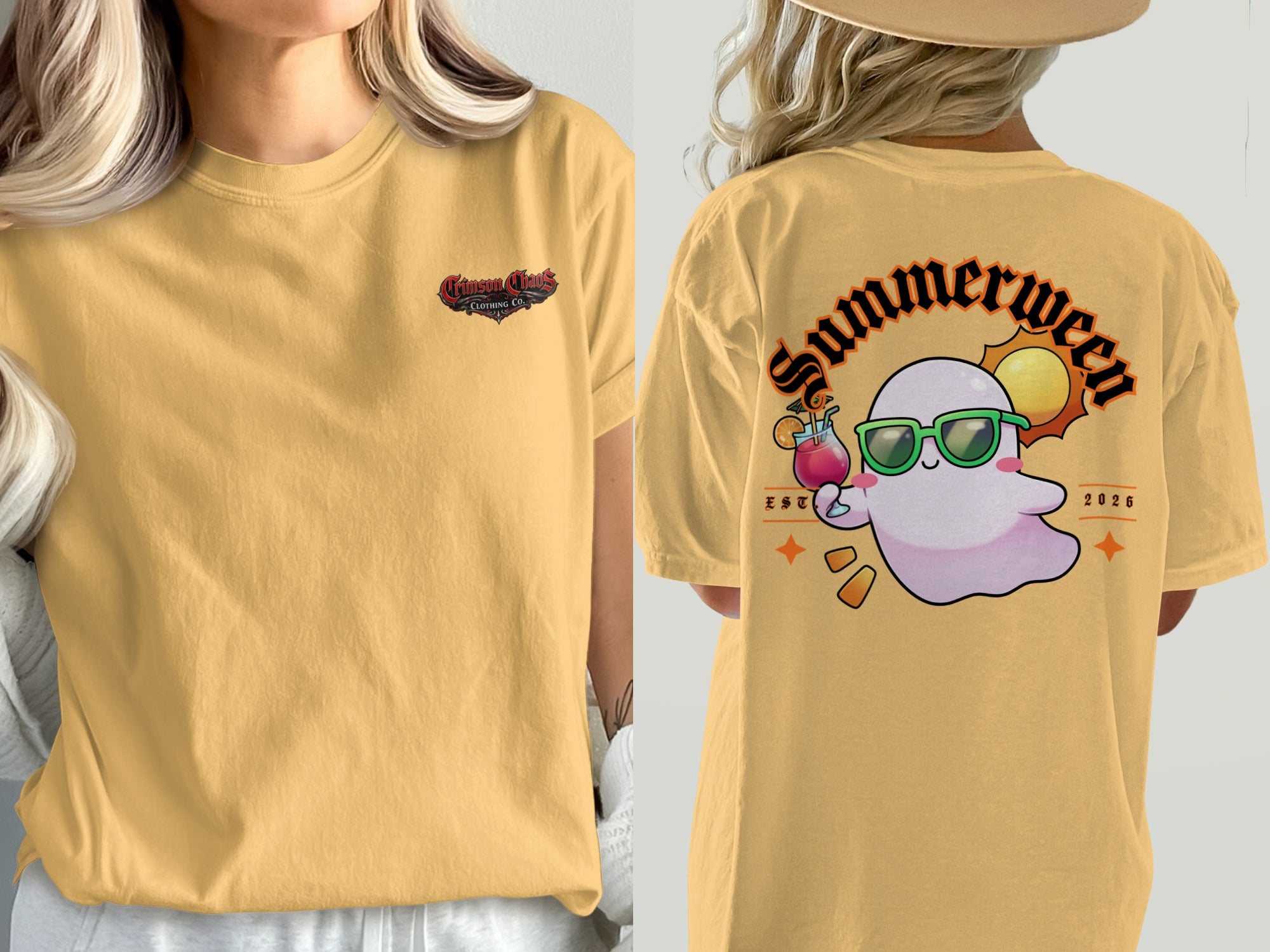 Yellow t-shirt with front logo and back graphic of ghost saying Summerween.