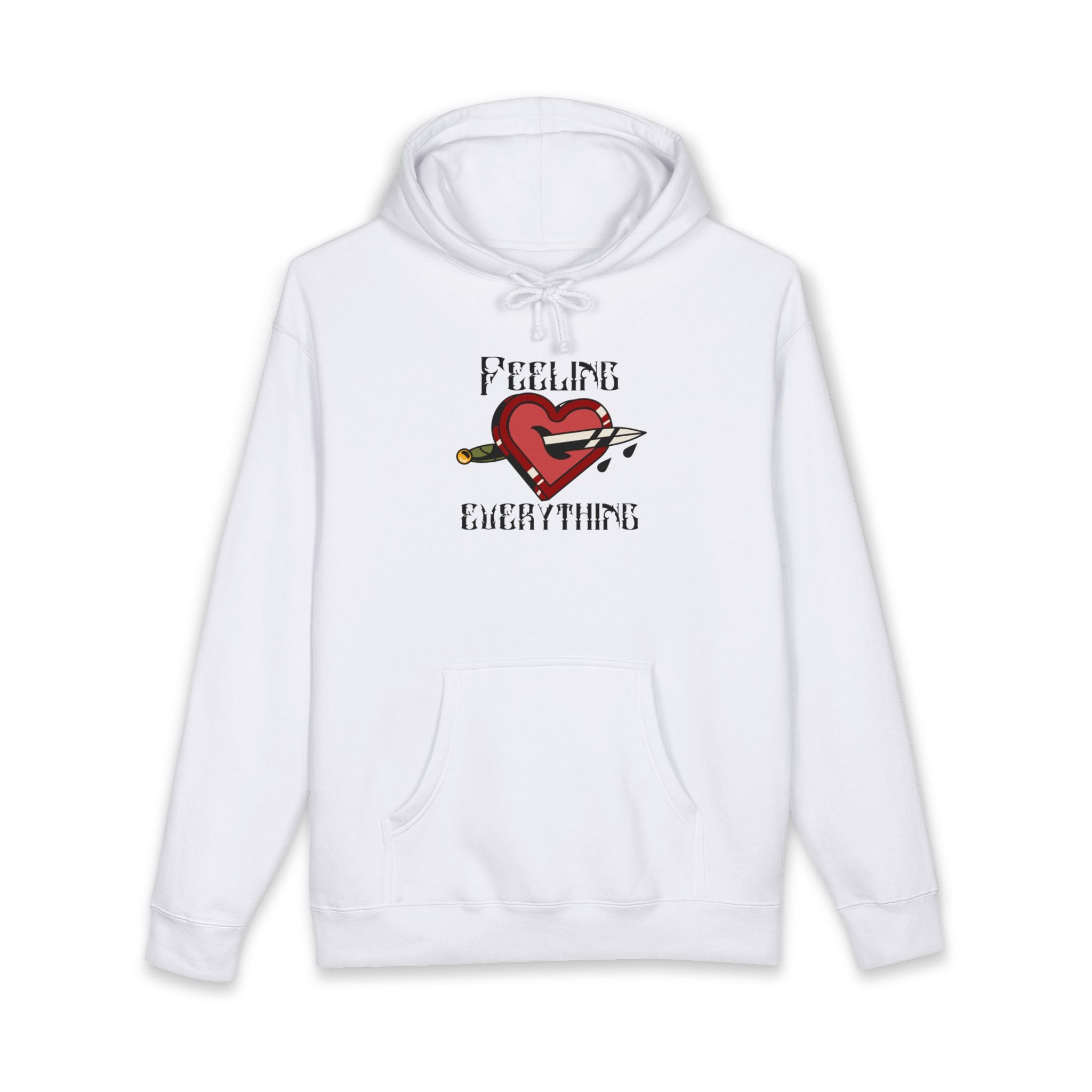 White hoodie with a heart pierced by a dagger and the text "FEELING EVERYTHING."