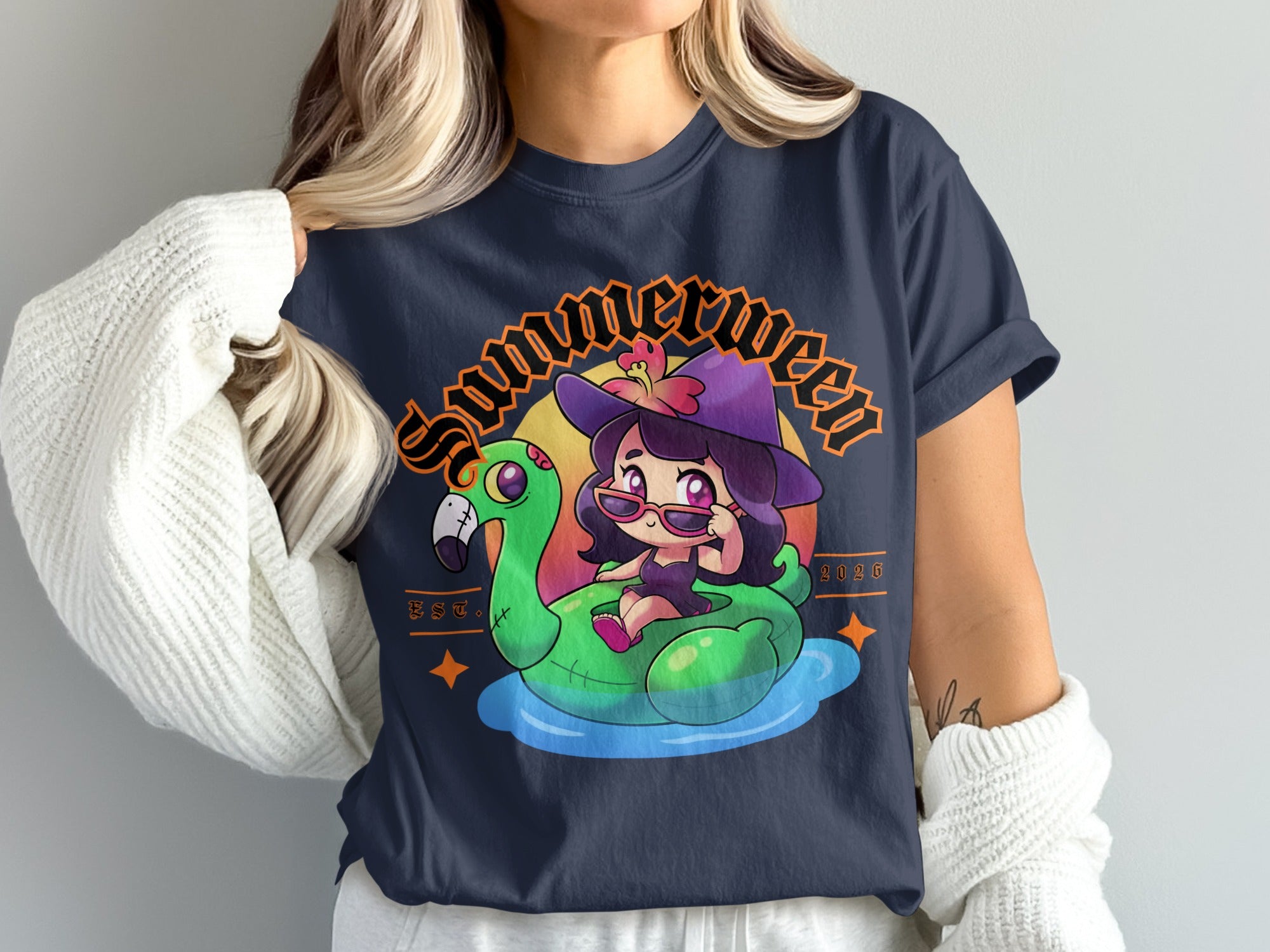 "Summerween" text with witch on flamingo float, sun, and "EST. 2026"