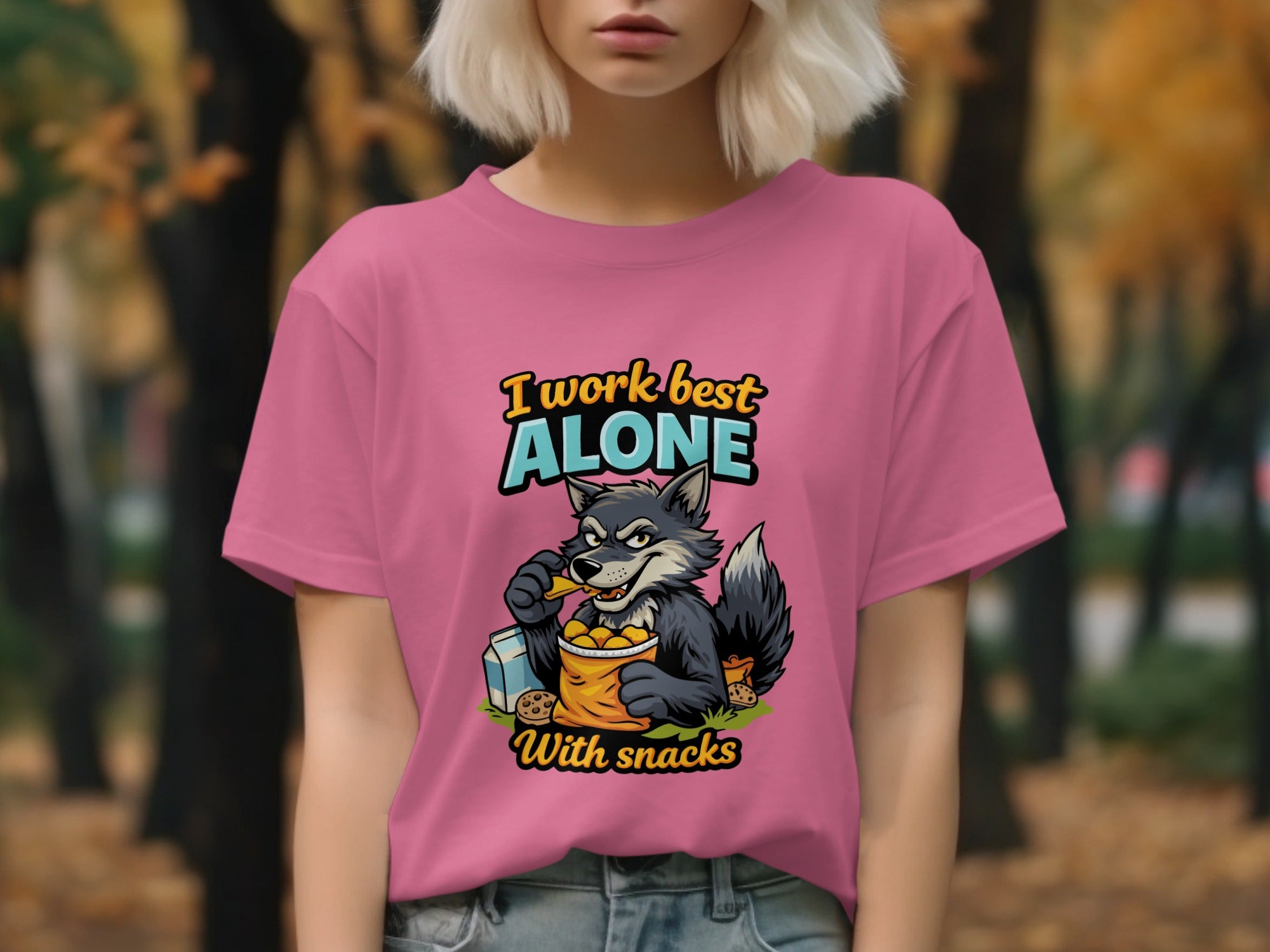 I Work Best Alone With Snacks Wolf Graphic T-Shirt