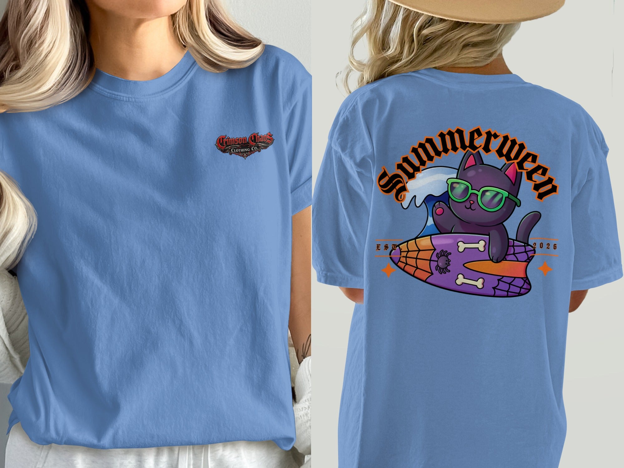Light blue t-shirt with "Crimson Chaos Clothing Co." on front and "Summerween" cat graphic on back.