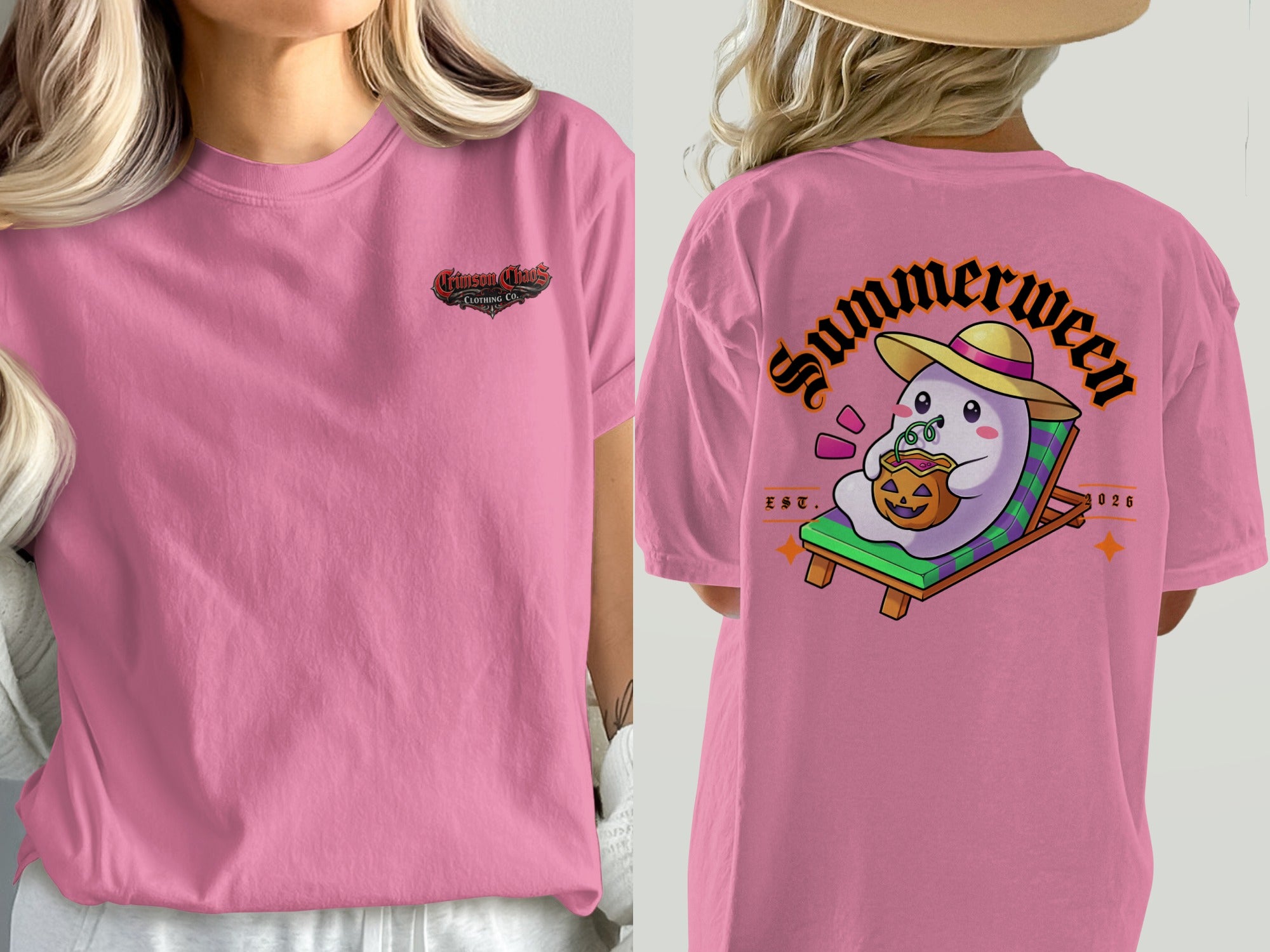 Pink t-shirt with "Crimson Chaos Clothing Co." on front and ghost on lounge chair on back.