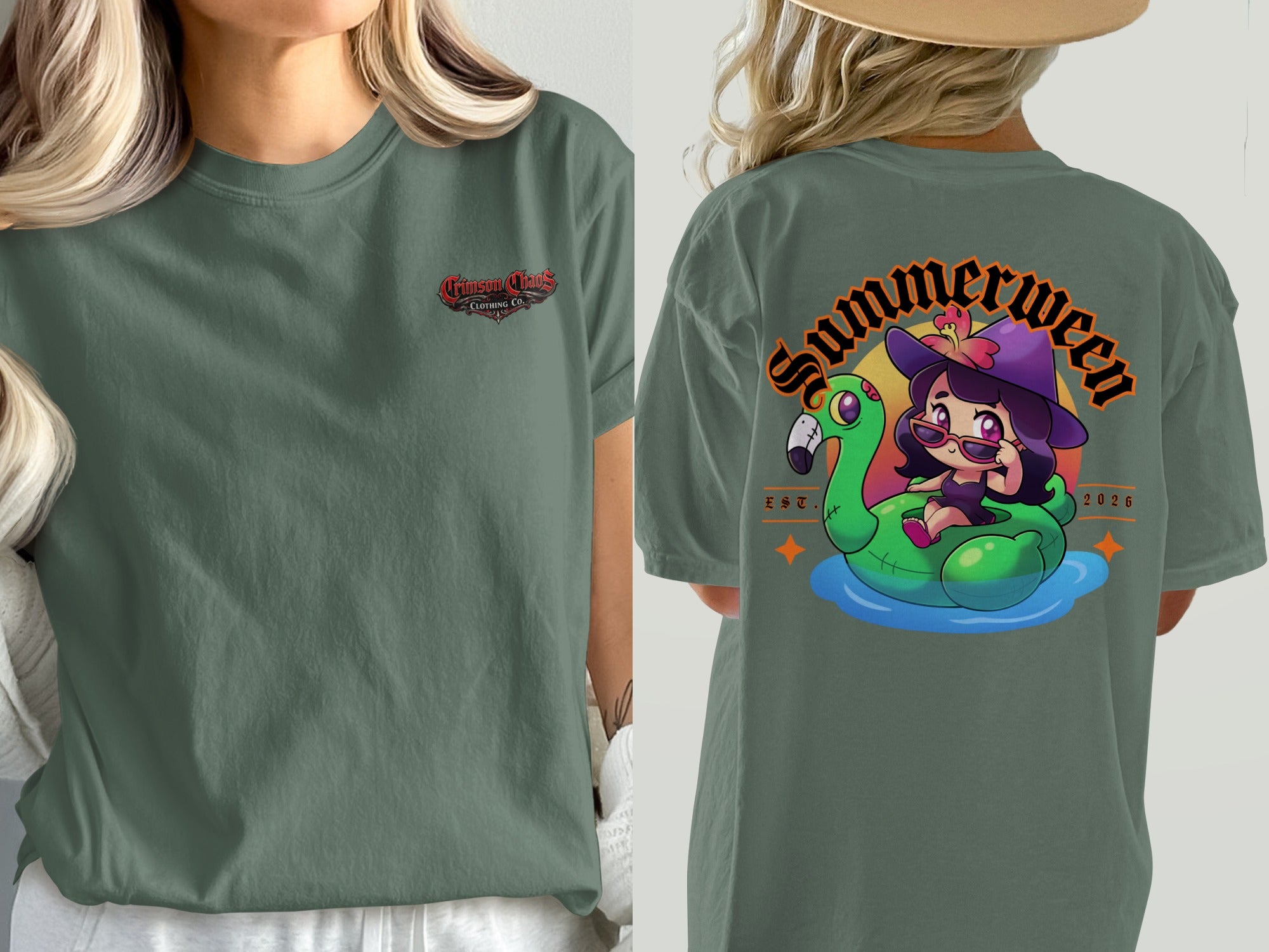 Green t-shirt with Crimson Chaos Clothing Co. logo and "Summerween" graphic.