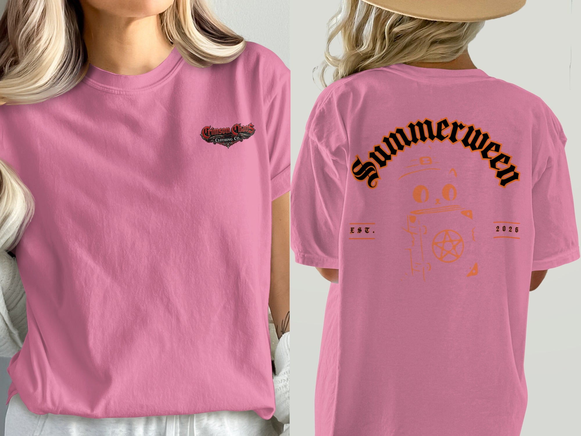 Pink t-shirt with "Crimson Chaos Clothing Co." on front and "Summerween 2026" graphic on back.