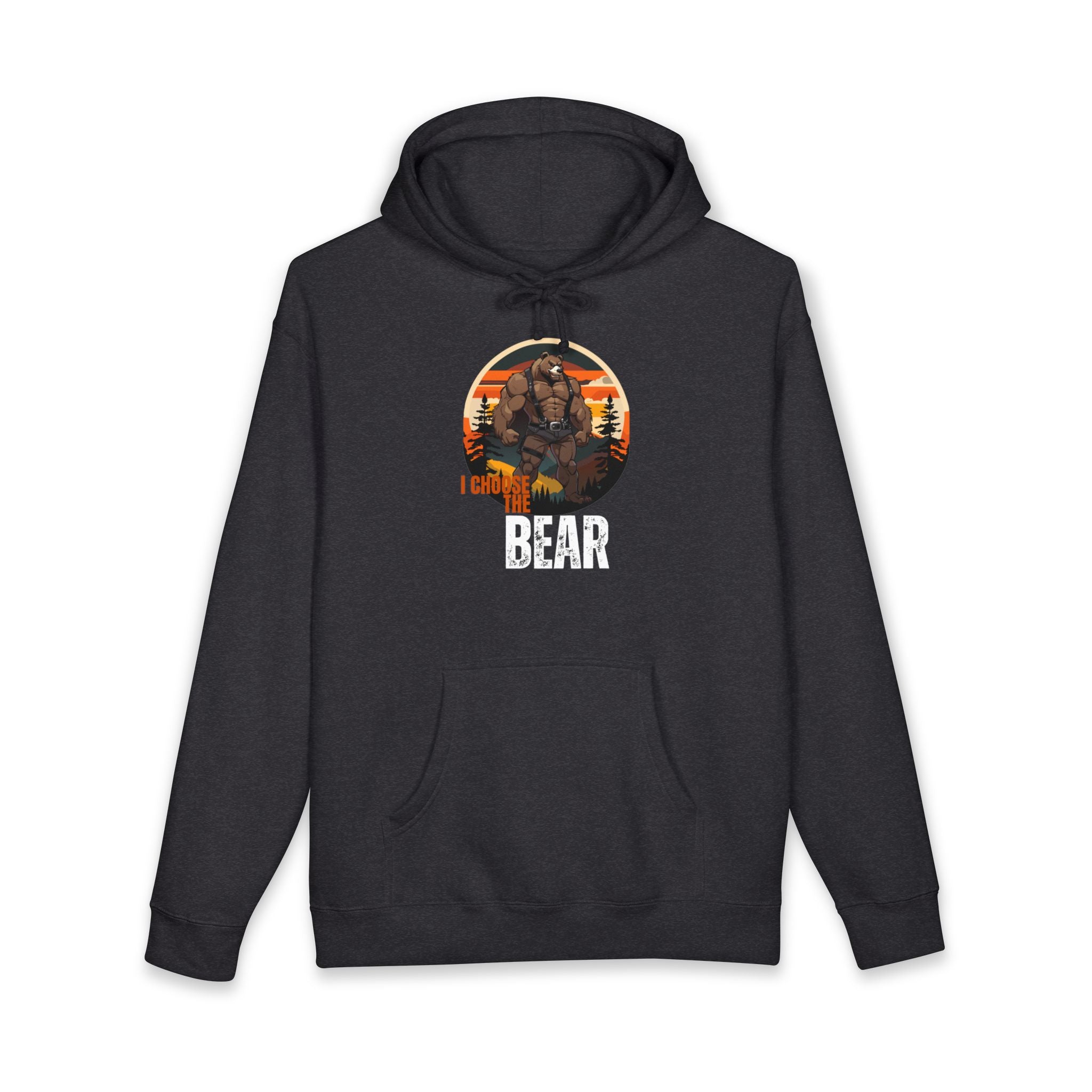 Dark grey hoodie with a graphic of a bear and text "I chose the bear".
