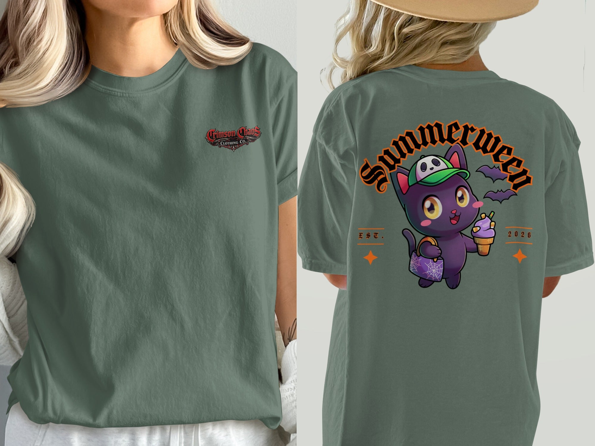 Green t-shirt with "Crimson Chaos Clothing Co." on front and cartoon cat on back.