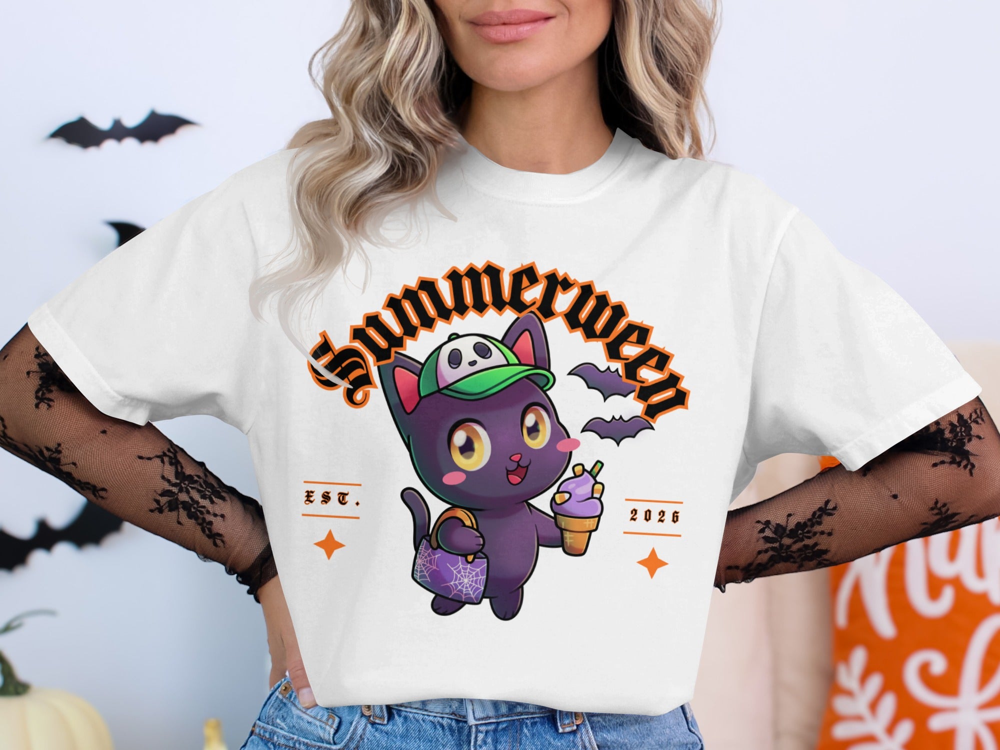 Cartoon black cat with ice cream and bag, "Summerween EST. 2026" text, bats.