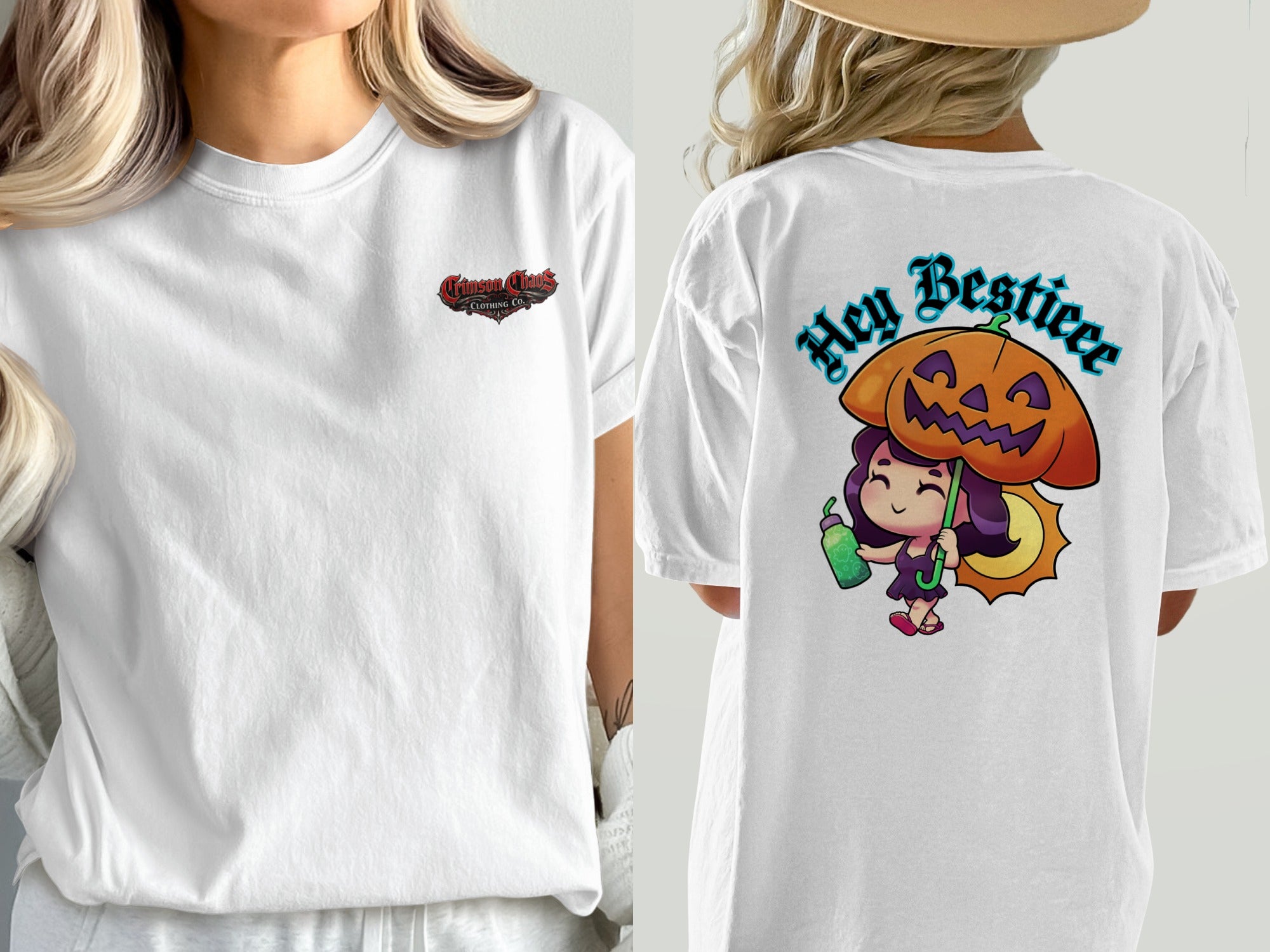 White t-shirt with Crimson Chaos Clothing Co. logo and back graphic of girl with pumpkin umbrella.
