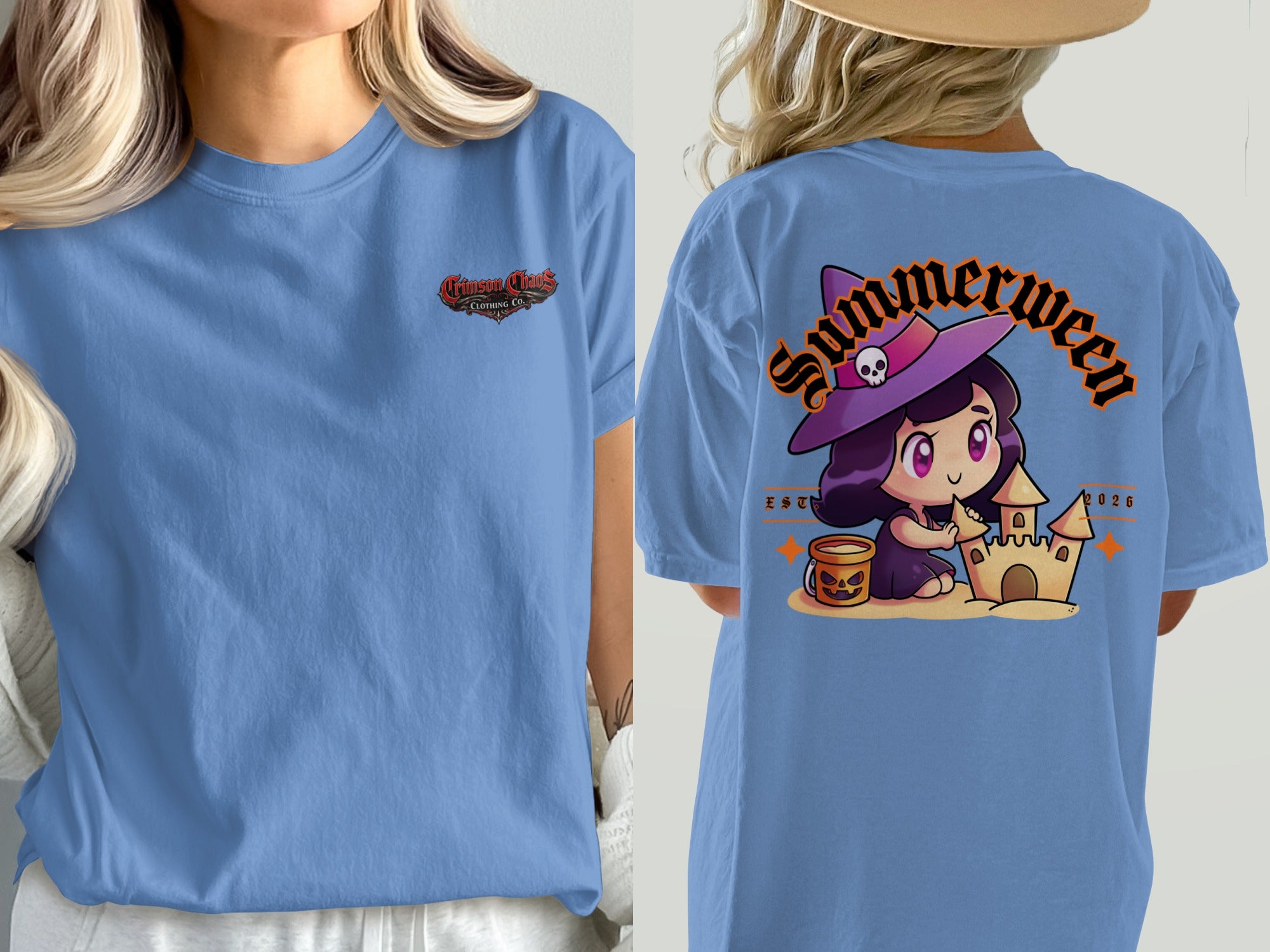 Blue t-shirt with a cartoon witch building a sandcastle, text "Summerween EST 2026".