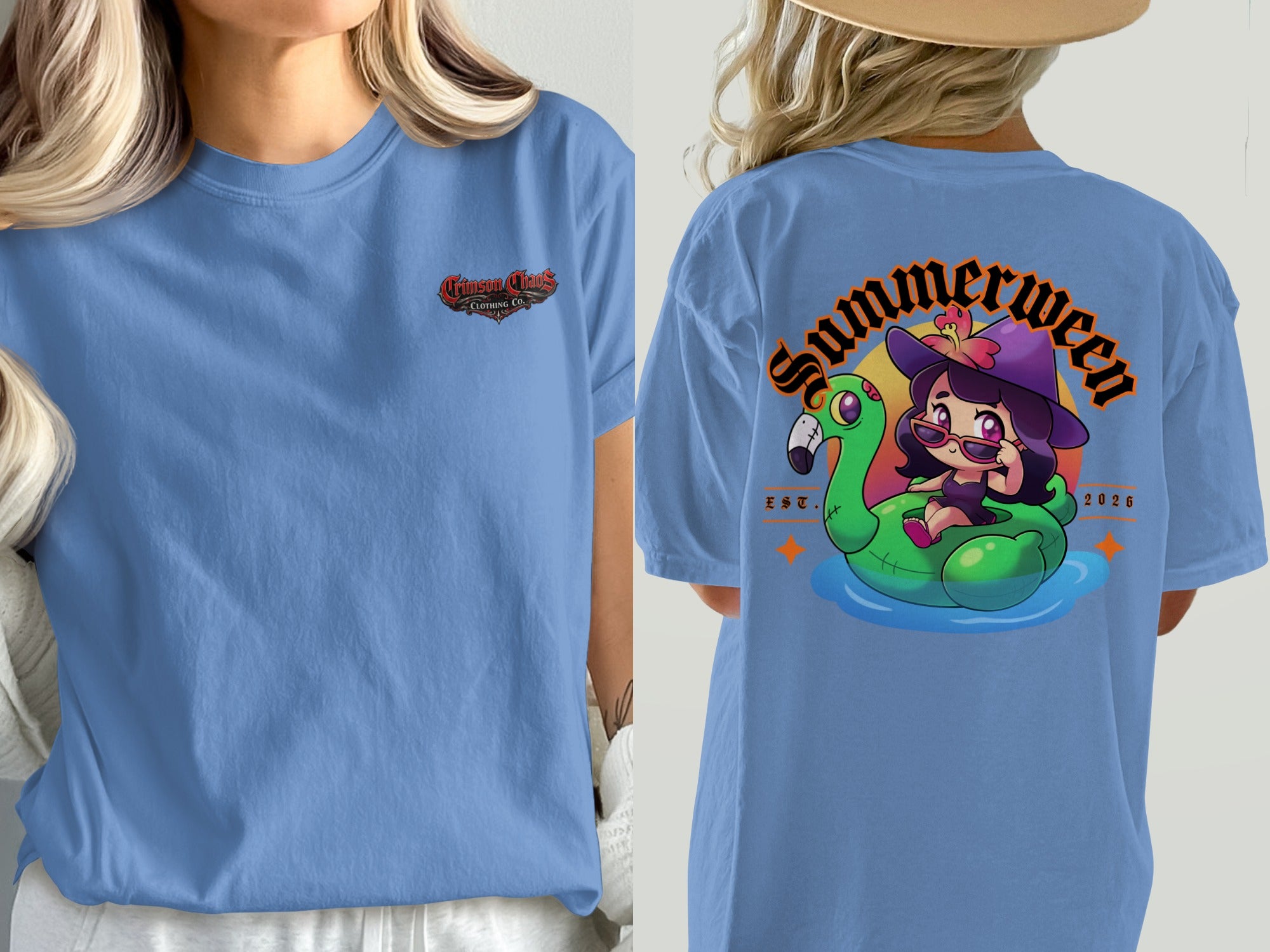 Blue t-shirt with "Summerween" text and cartoon witch on flamingo float graphic.