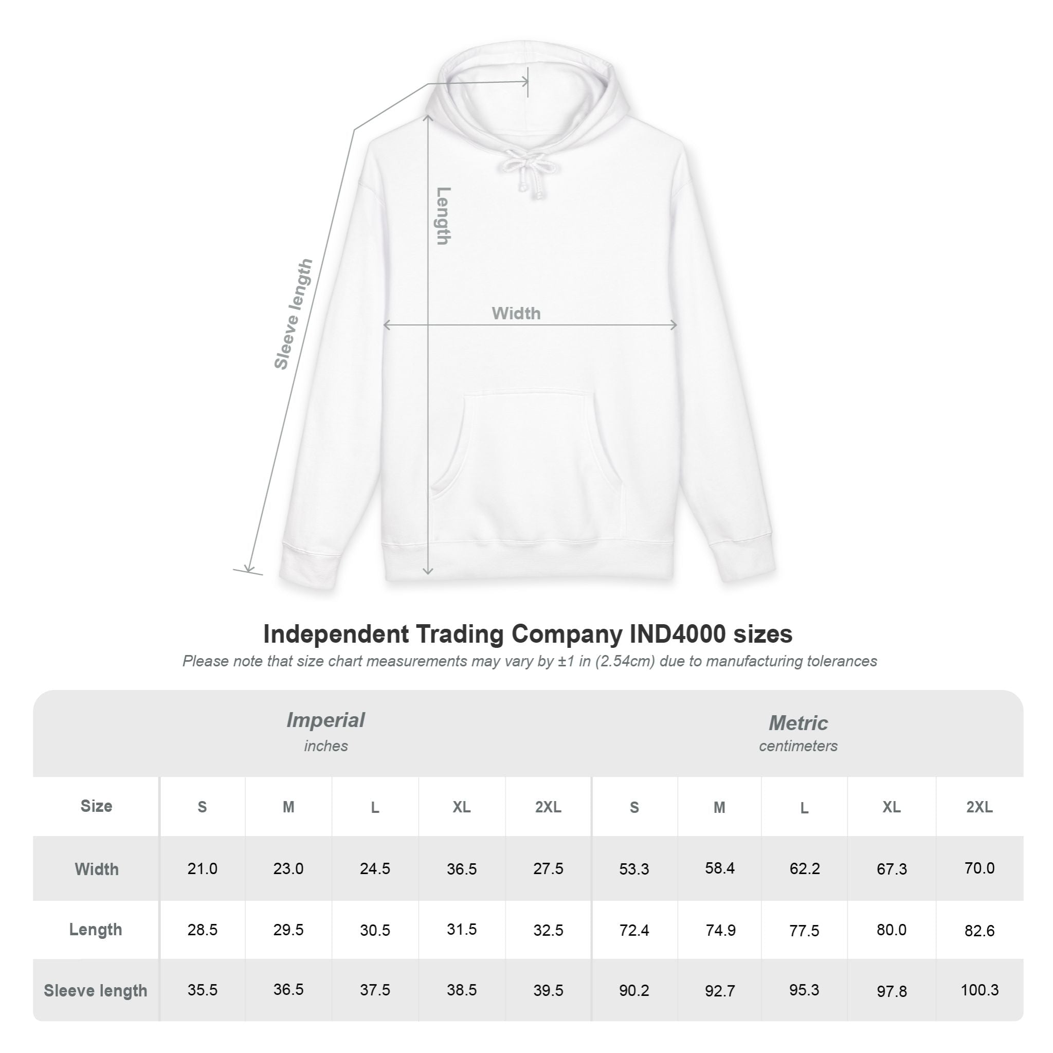 Independent Trading Company IND4000 size chart with imperial and metric measurements.