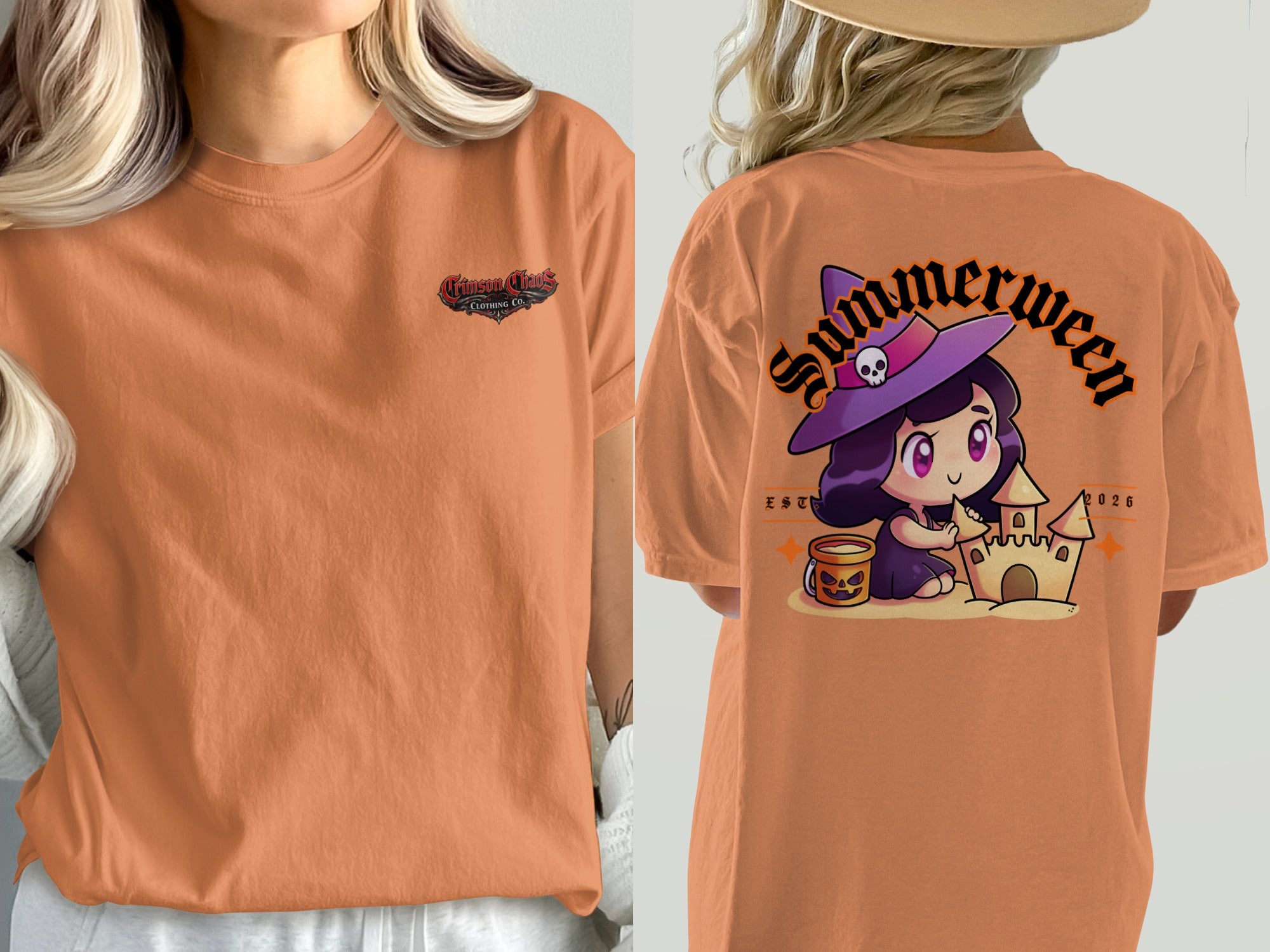 Orange t-shirt with front logo and back graphic of witch building sandcastle.