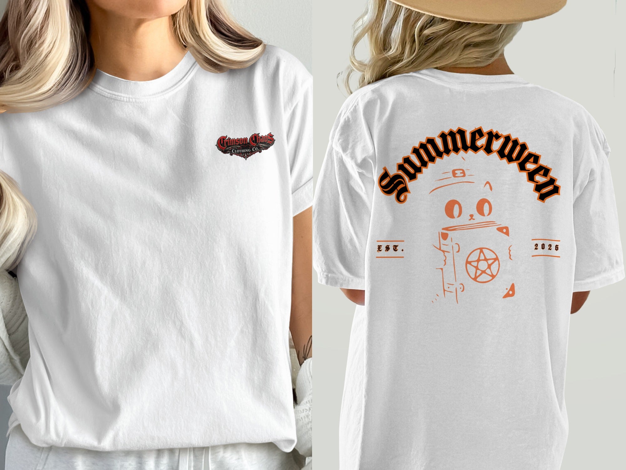 White t-shirt with Crimson Chaos logo on front and cat graphic with "Summerween Est. 2026" on back.