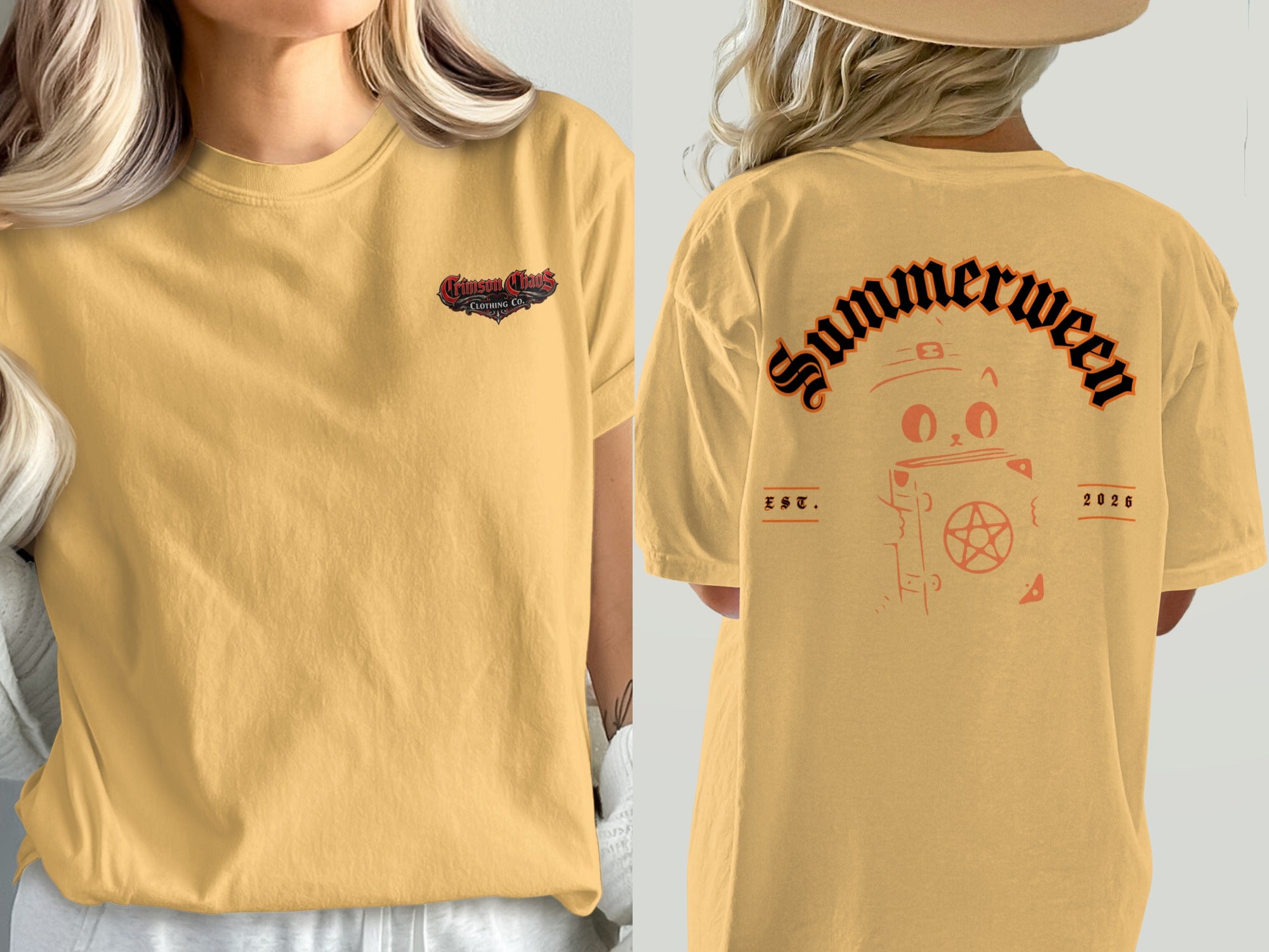 Yellow t-shirt with "Crimson Chaos Clothing Co." on front and cat graphic on back.