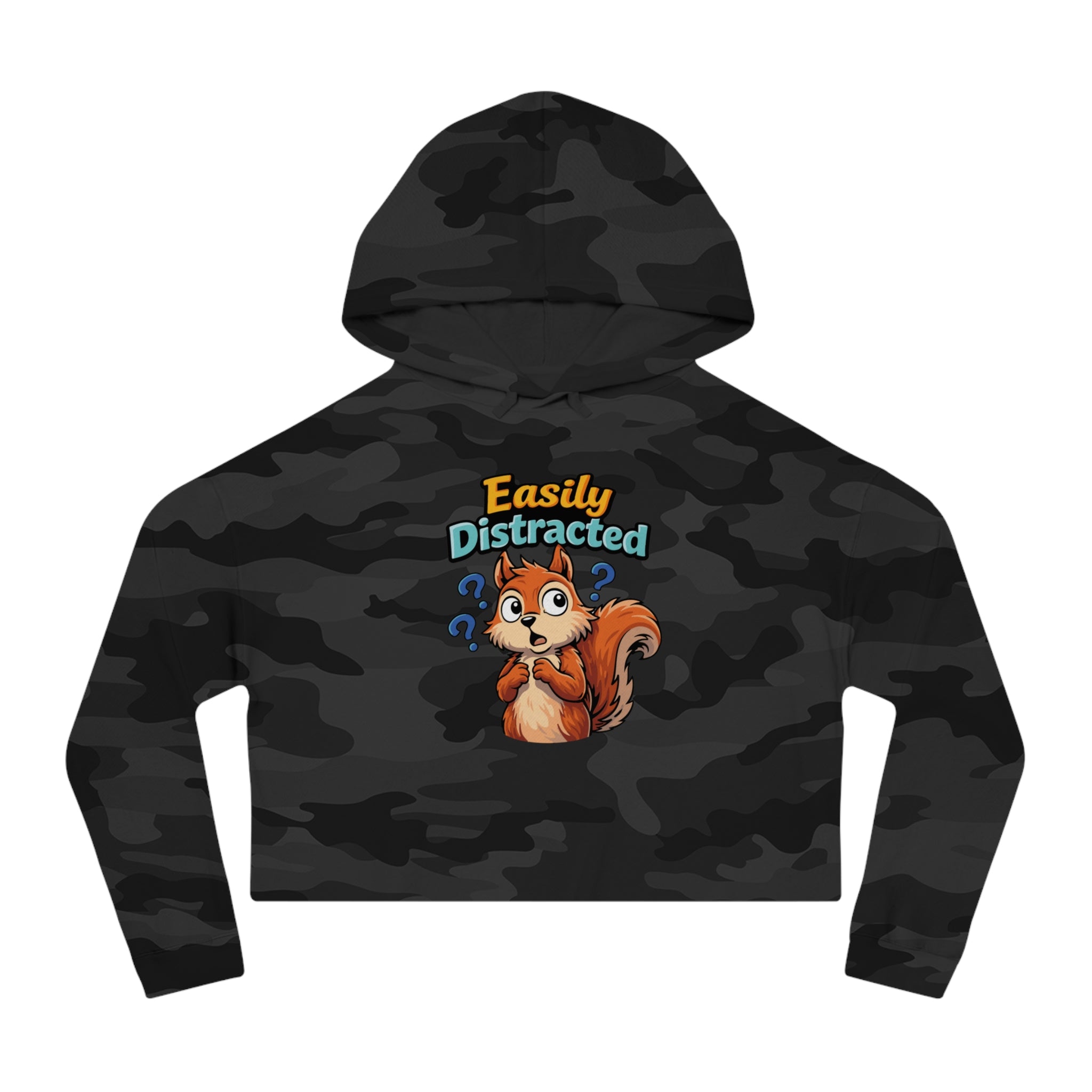 Cropped camouflage hoodie with cartoon squirrel and "Easily Distracted" text.