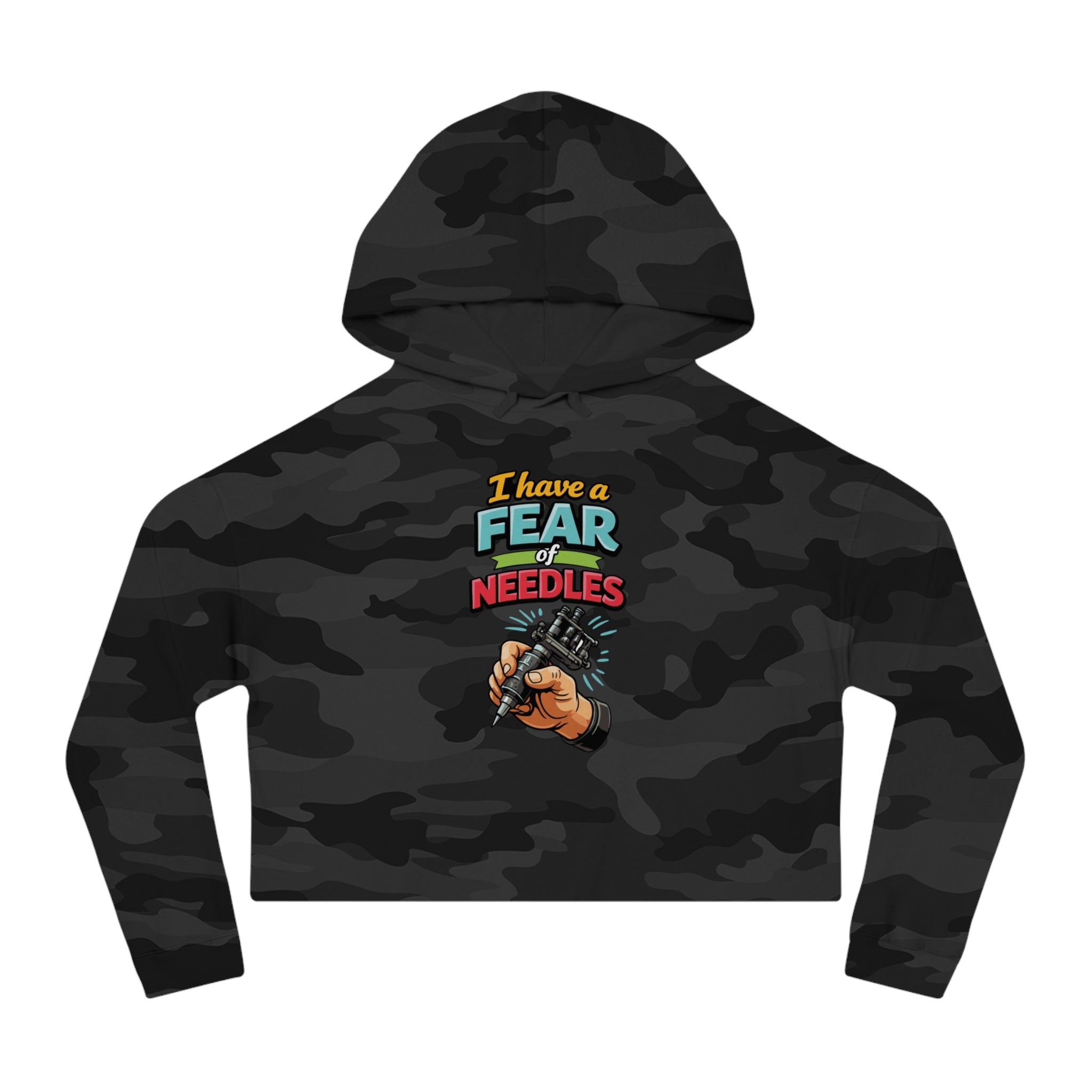 Cropped black camouflage hoodie with "I have a fear of needles" text and tattoo gun.