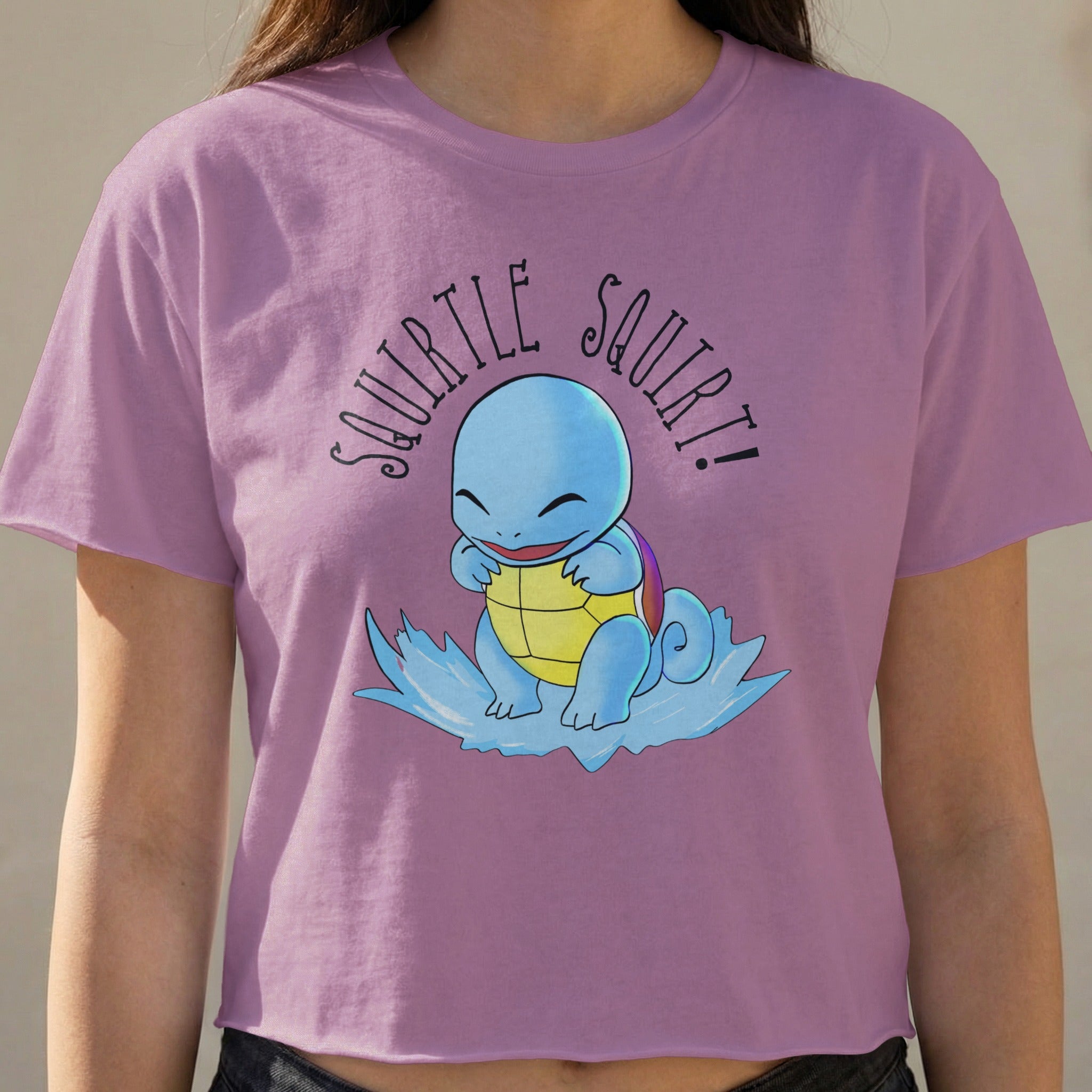 Squirtle from Pokemon on a blue splash, with "Squirtle Squirt!" text.