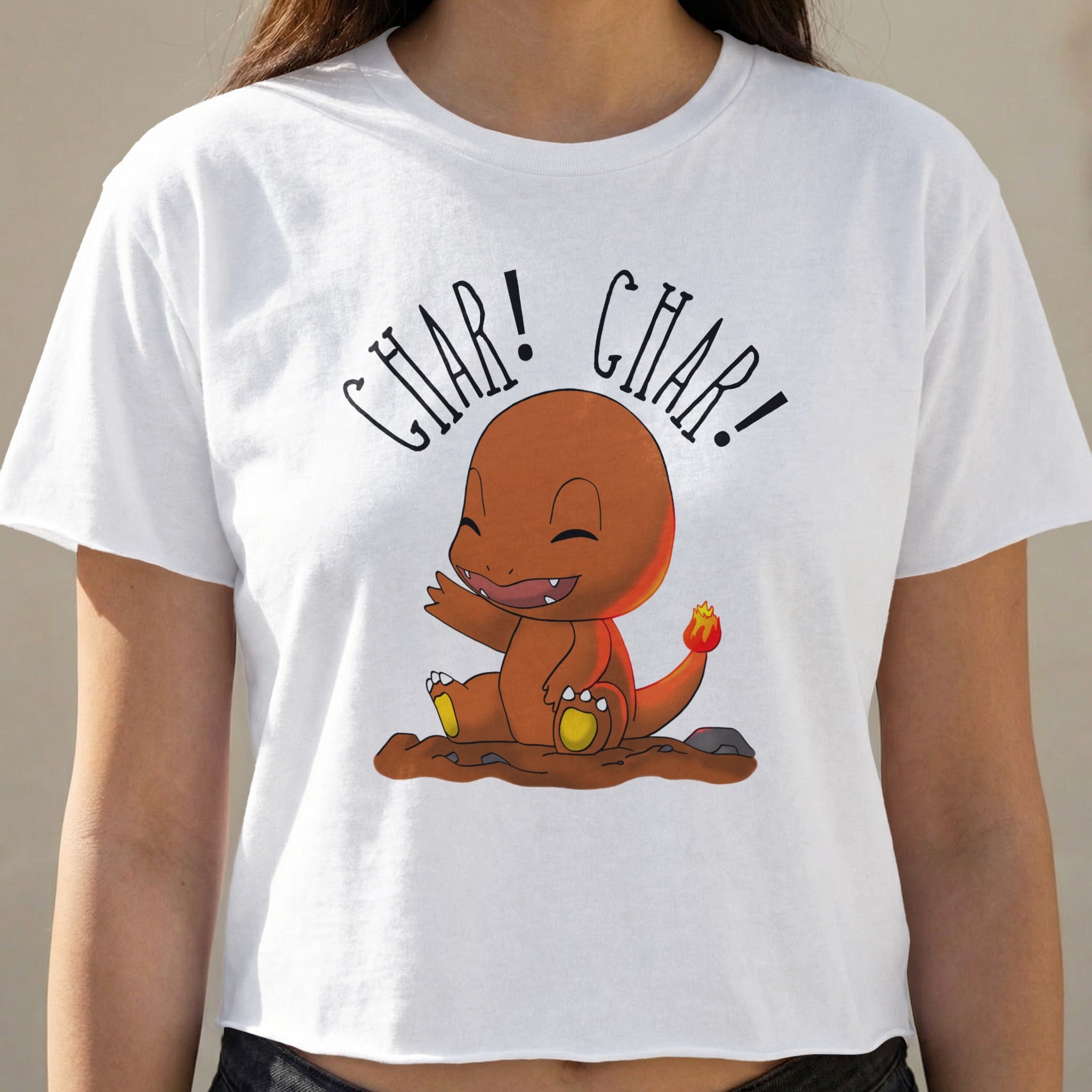 Charmander character on white t-shirt with "Char! Char!" text.