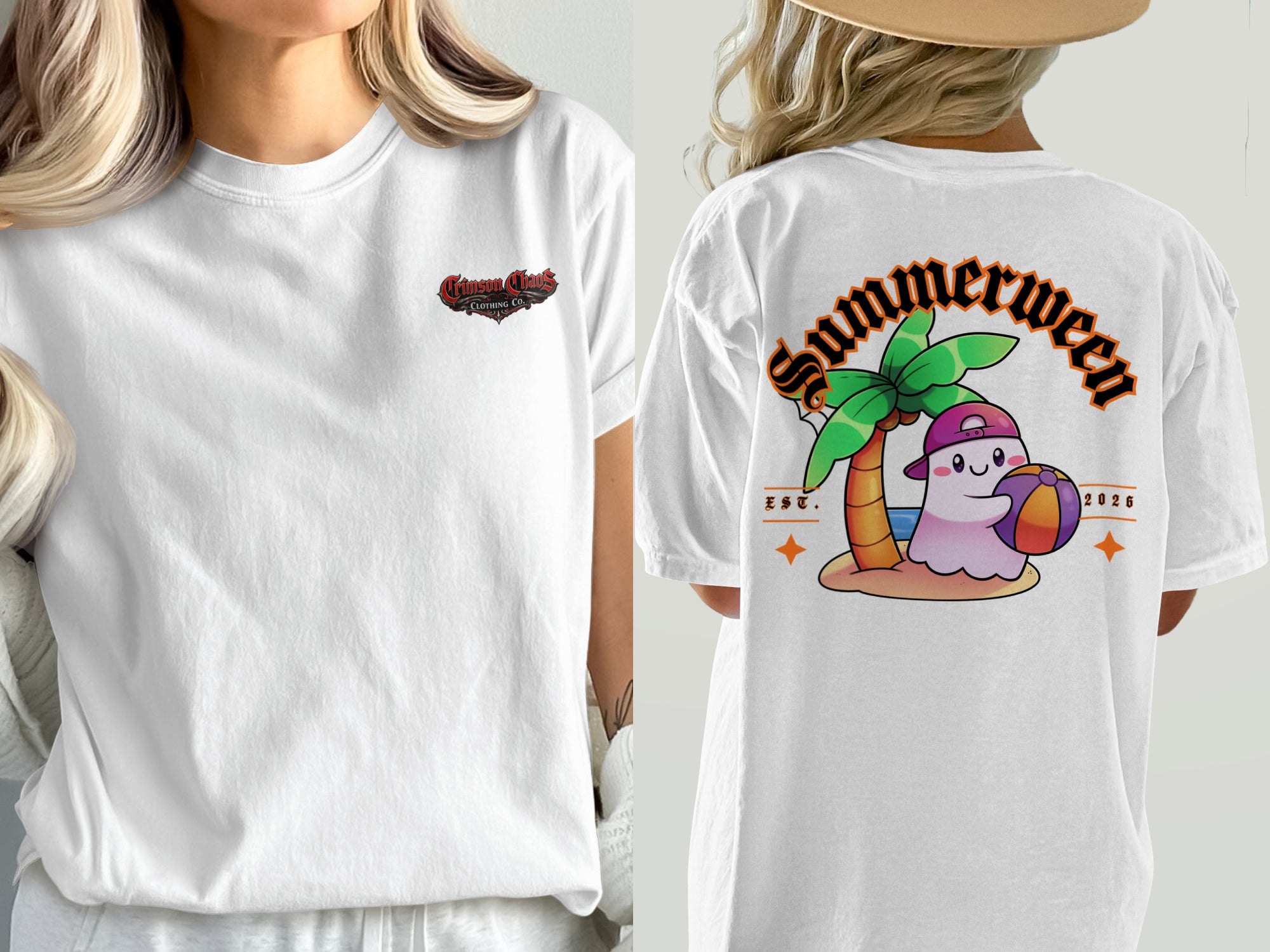 White t-shirt with front logo and back graphic of a ghost holding a beach ball.