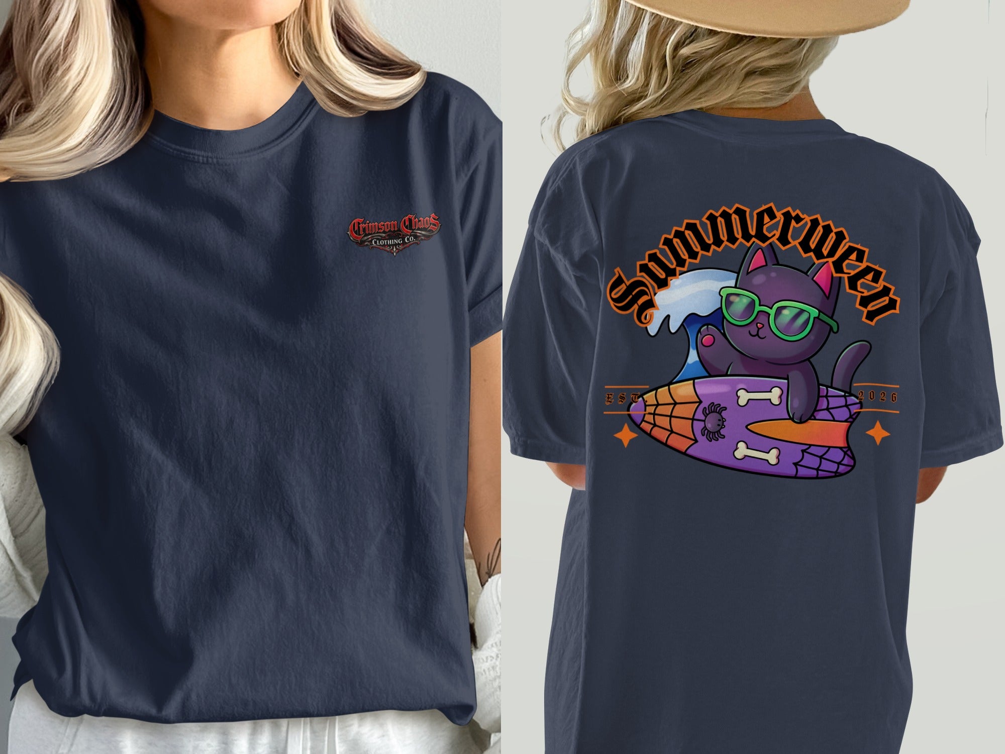 Dark navy shirt with "Crimson Chaos Clothing Co." on front and cat on surfboard graphic on back.