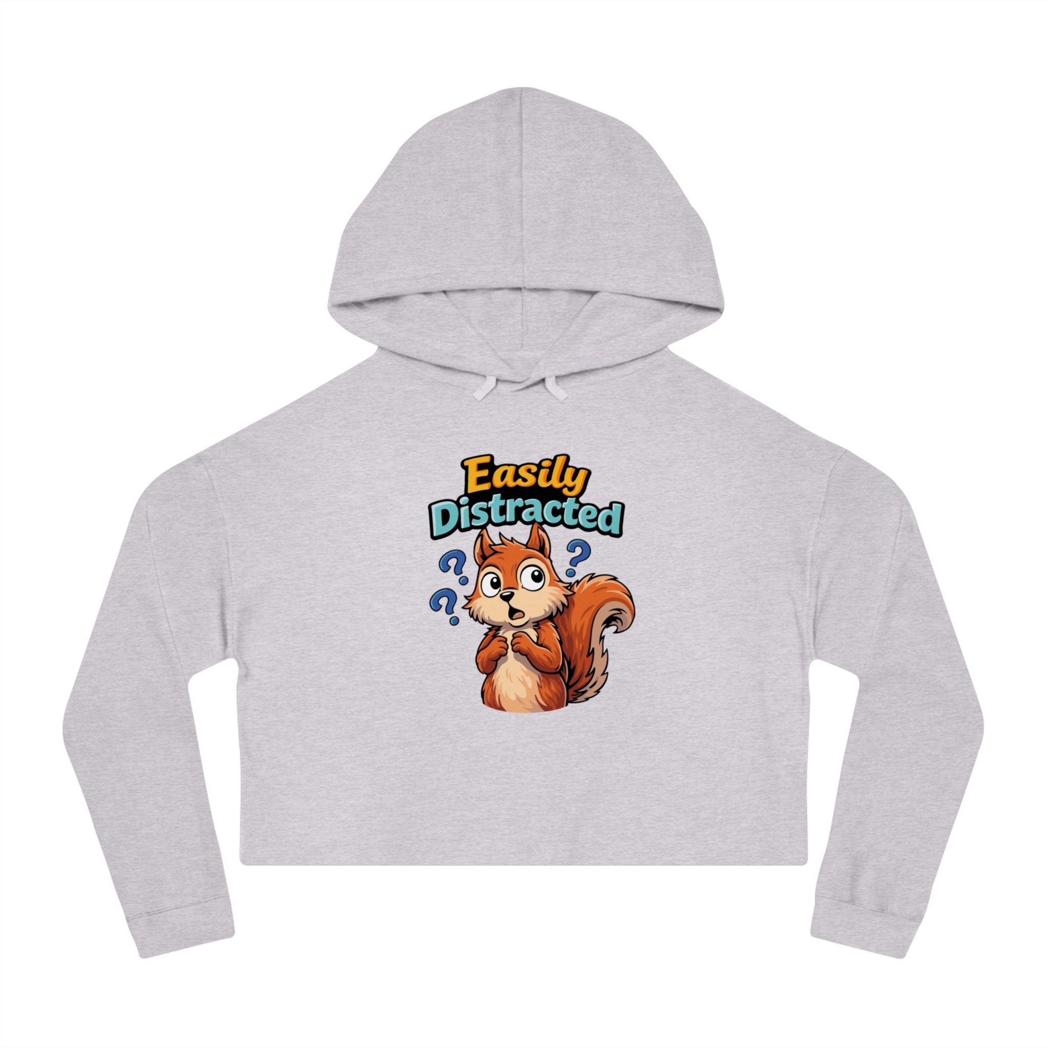 Grey cropped hoodie with cartoon squirrel and "Easily Distracted" text.
