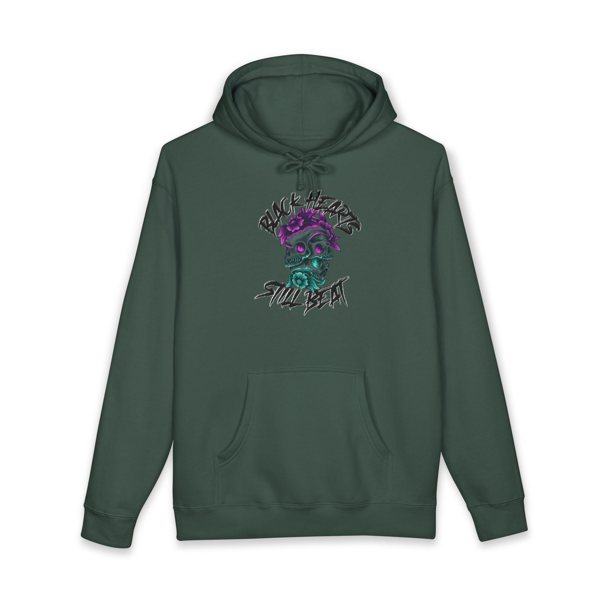 Dark green hooded sweatshirt with skull and floral graphic and "STILL BENT" text.
