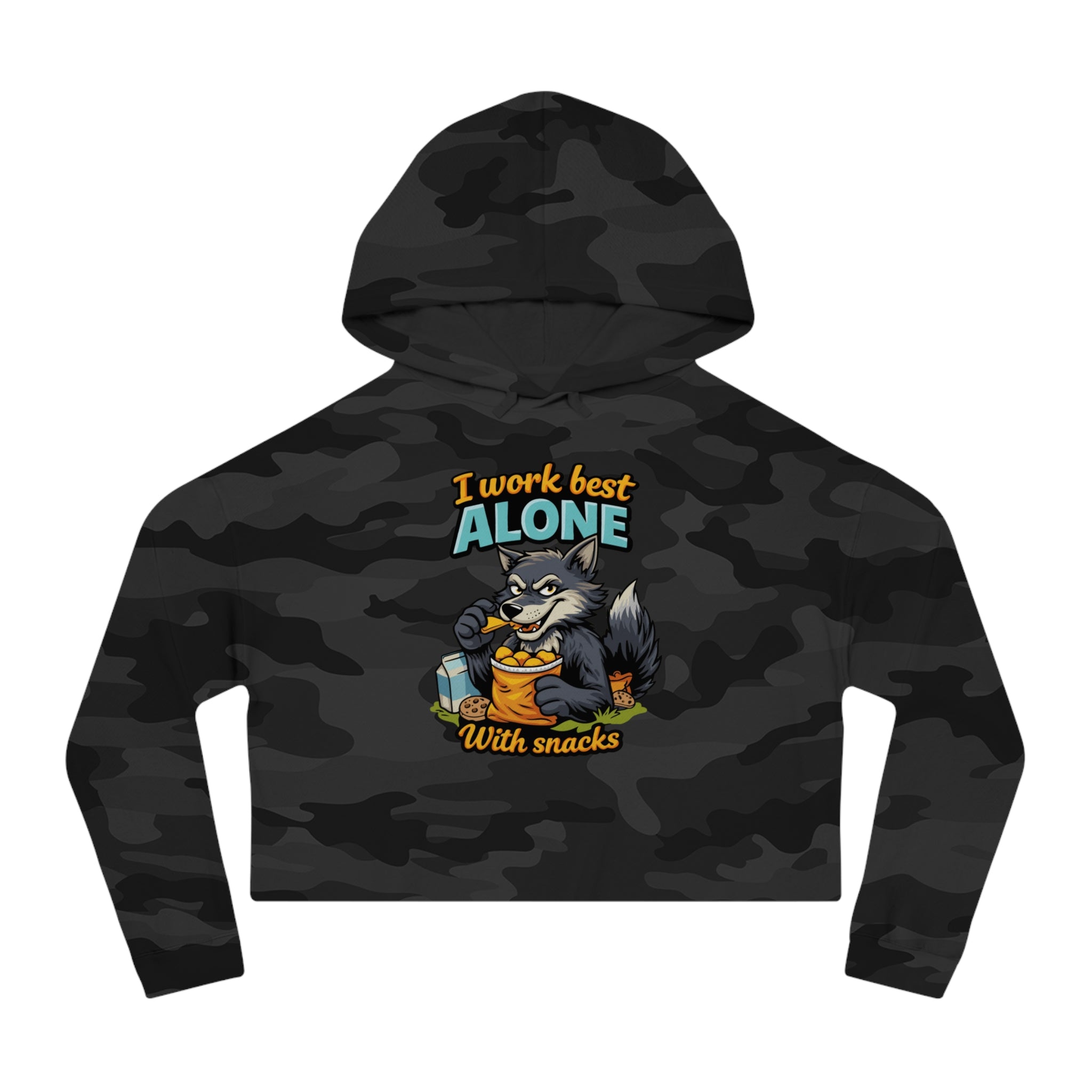 Black camouflage hoodie featuring cartoon wolf eating snacks and text "I work best alone with snacks".