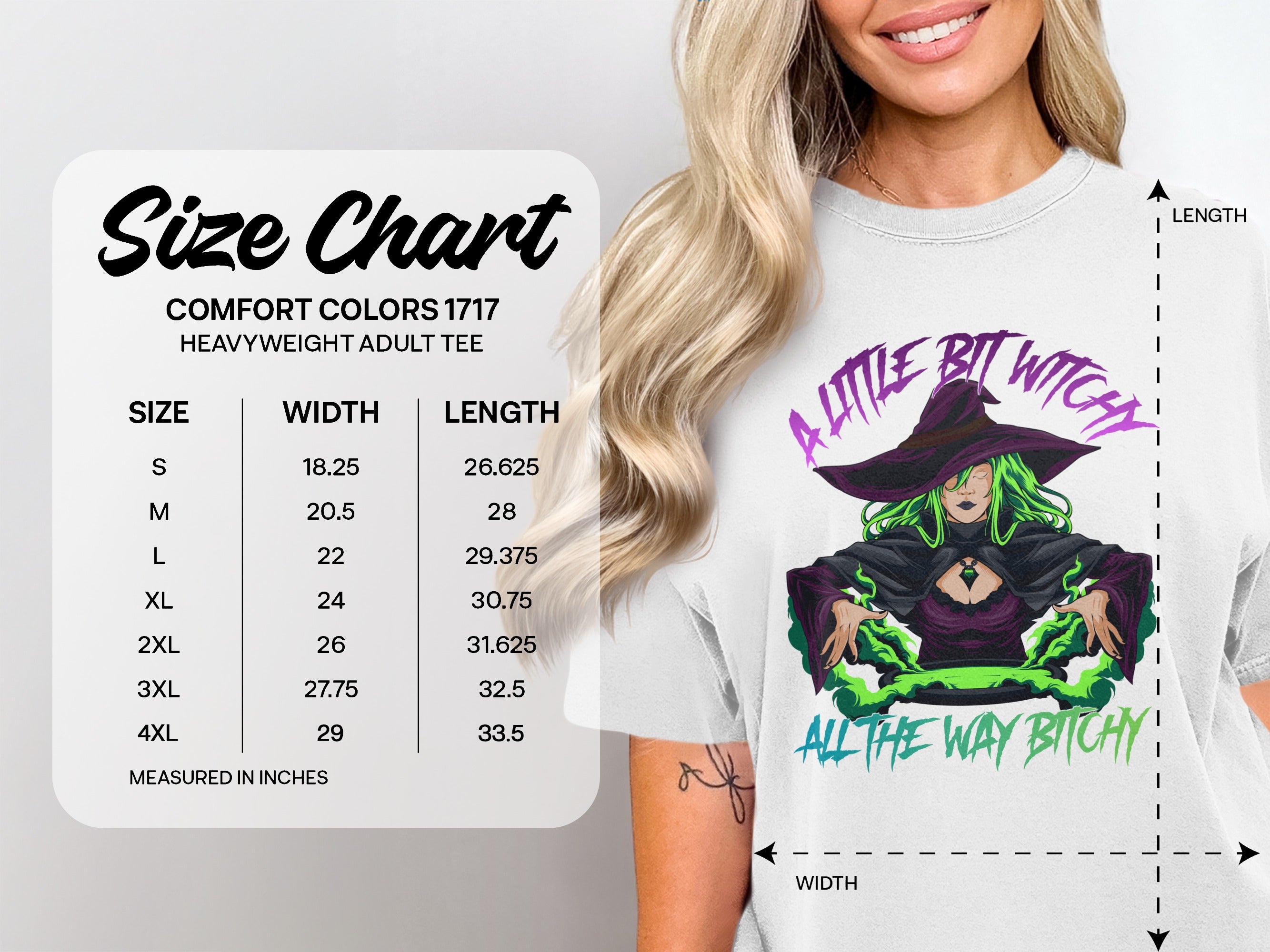 Comfort Colors 1717 heavyweight t-shirt size chart with "A Little Bit Witchy" graphic.