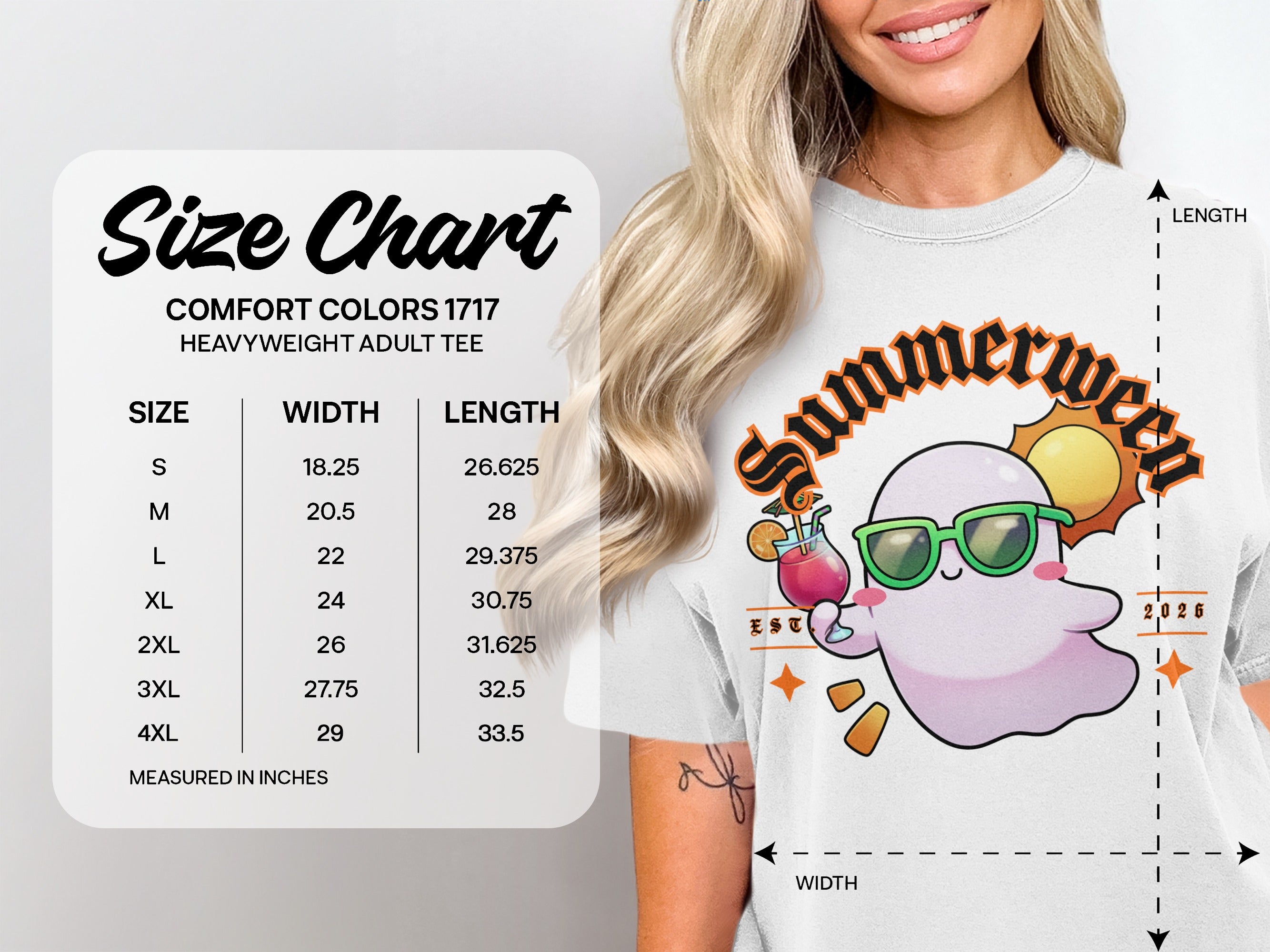Comfort Colors 1717 size chart for heavyweight adult tee with ghost graphic.