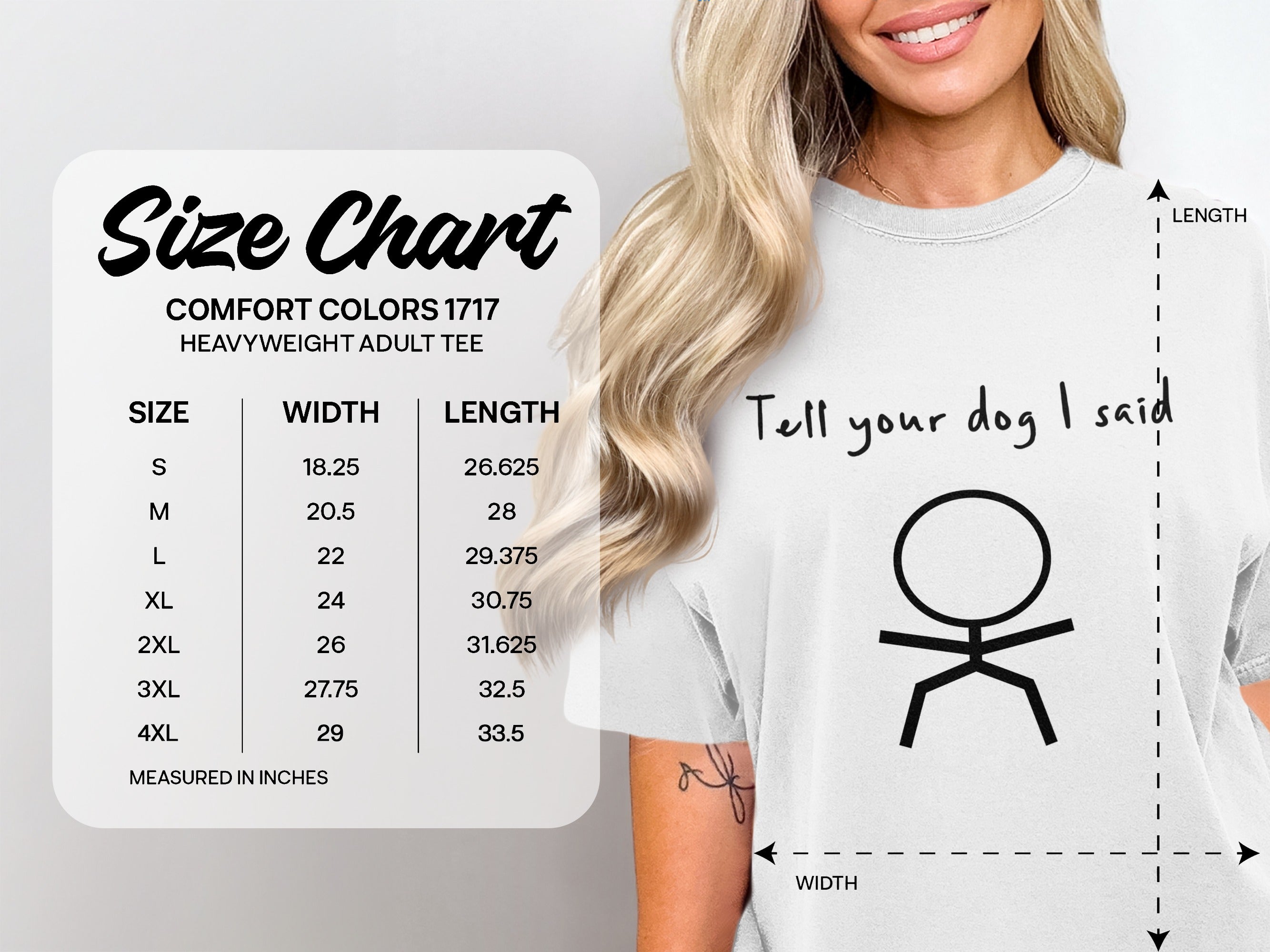 Comfort Colors 1717 heavyweight adult tee size chart with measurements.