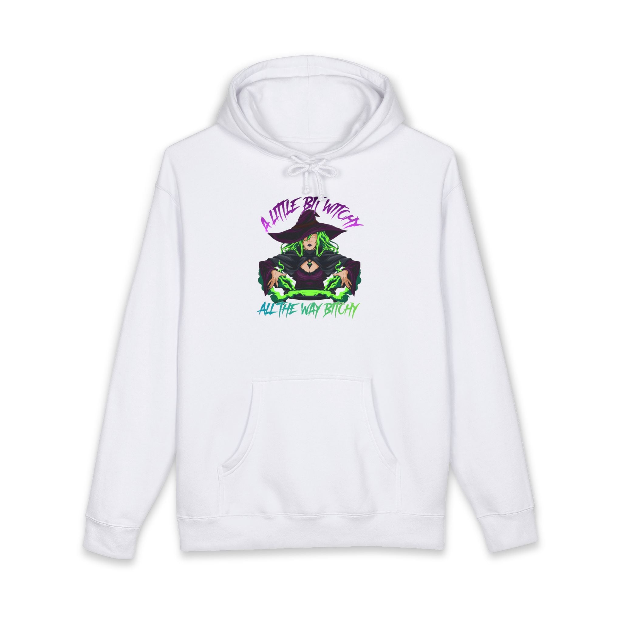 White hoodie with "A Little Bit Witchy" and witch illustration.