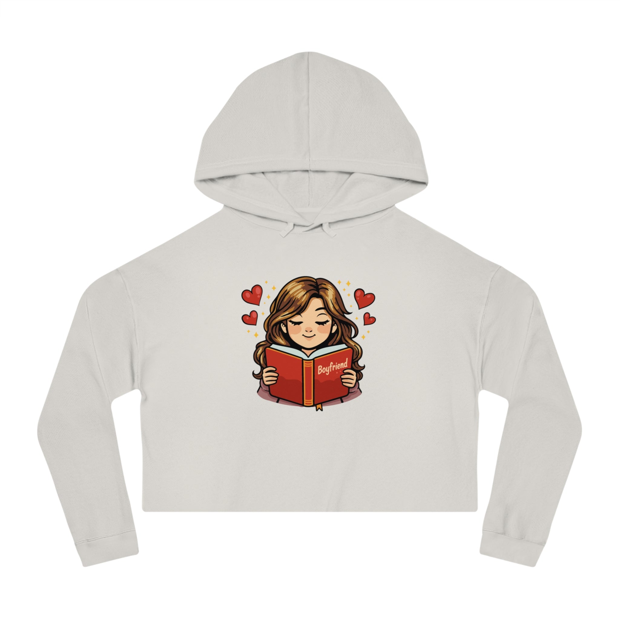 Cropped hoodie with cartoon girl reading "Boyfriend" book and hearts.