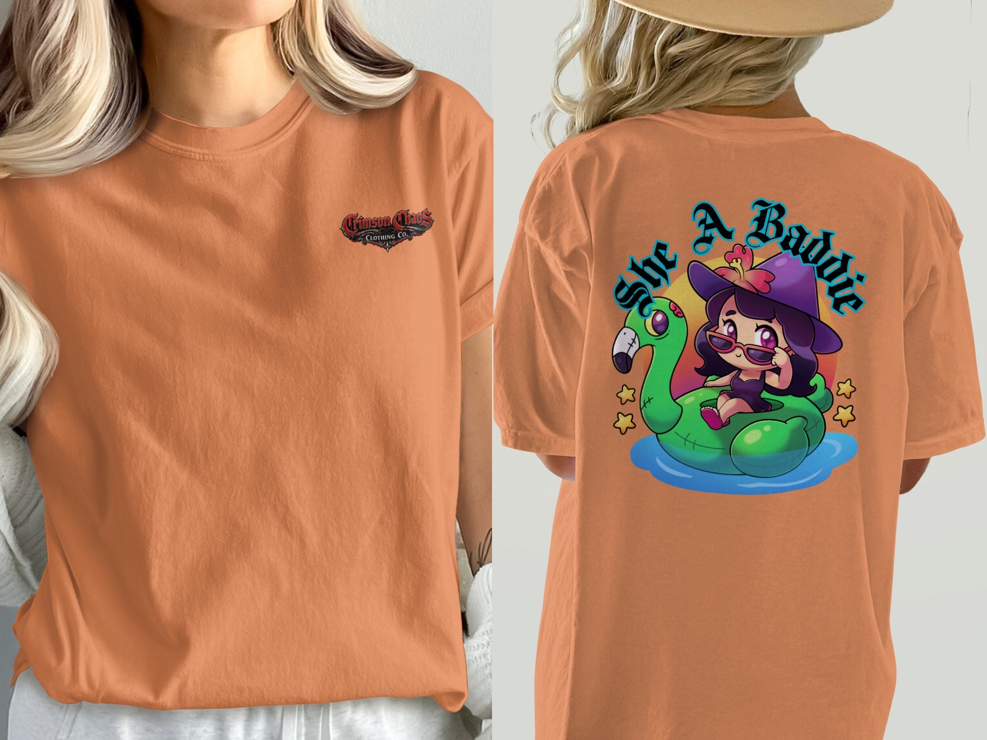 Orange t-shirt with front logo and back graphic of a witch on a flamingo float.
