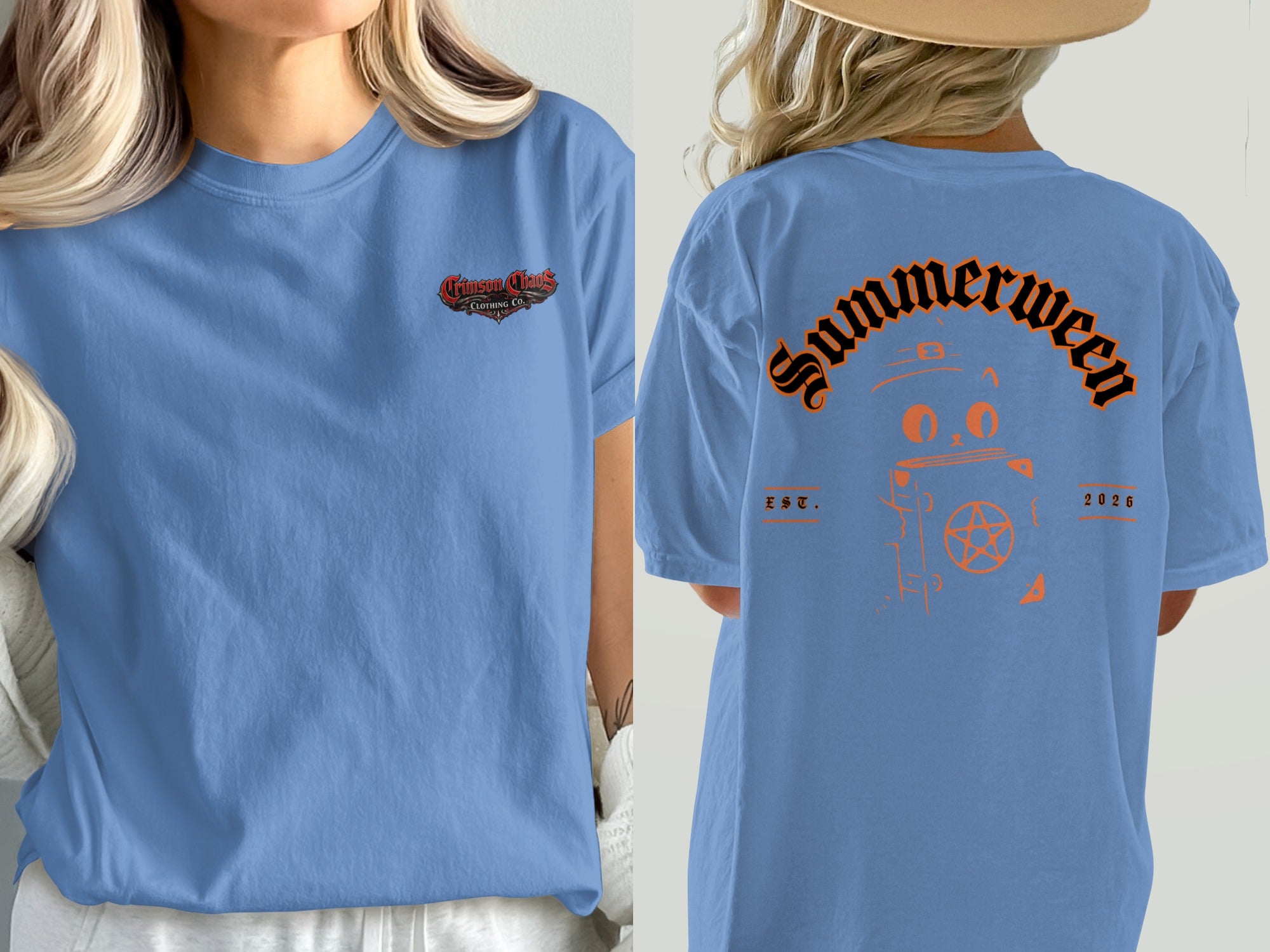 Blue t-shirt with crimson chaos logo on front and "Summerween" and graphic on back.
