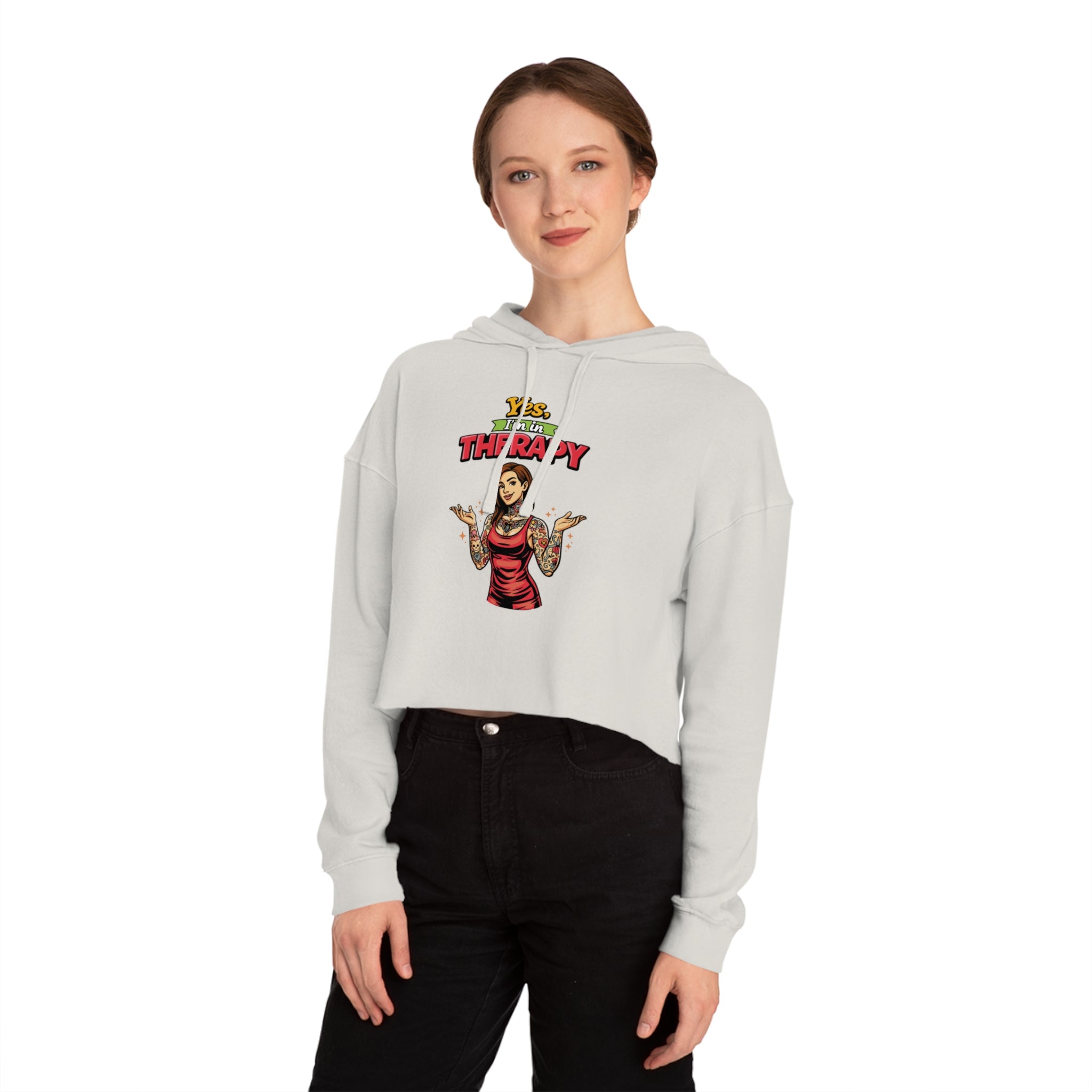 Cropped sweatshirt with "Yes, it's Therapy" text and tattooed woman illustration.
