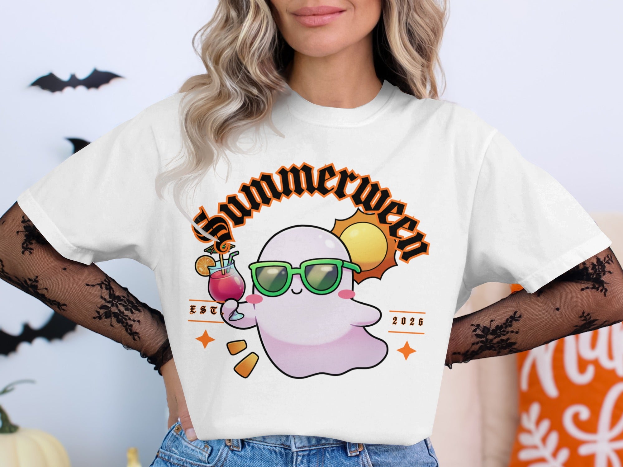 White t-shirt with a "Summerween" graphic featuring a ghost with sunglasses and a drink.