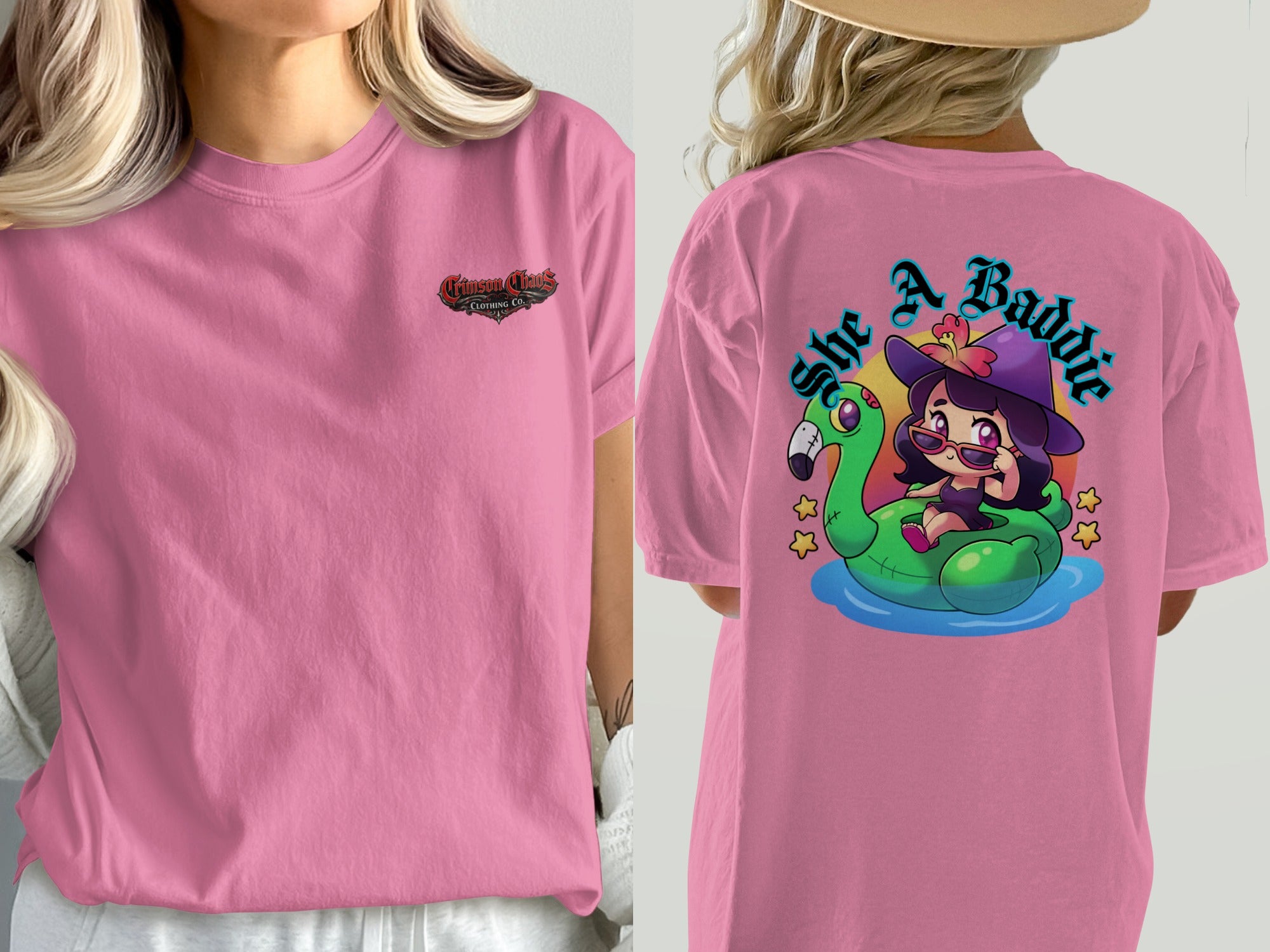 Pink t-shirt with Crimson Chaos Clothing Co. logo on front and cartoon witch on flamingo on back.