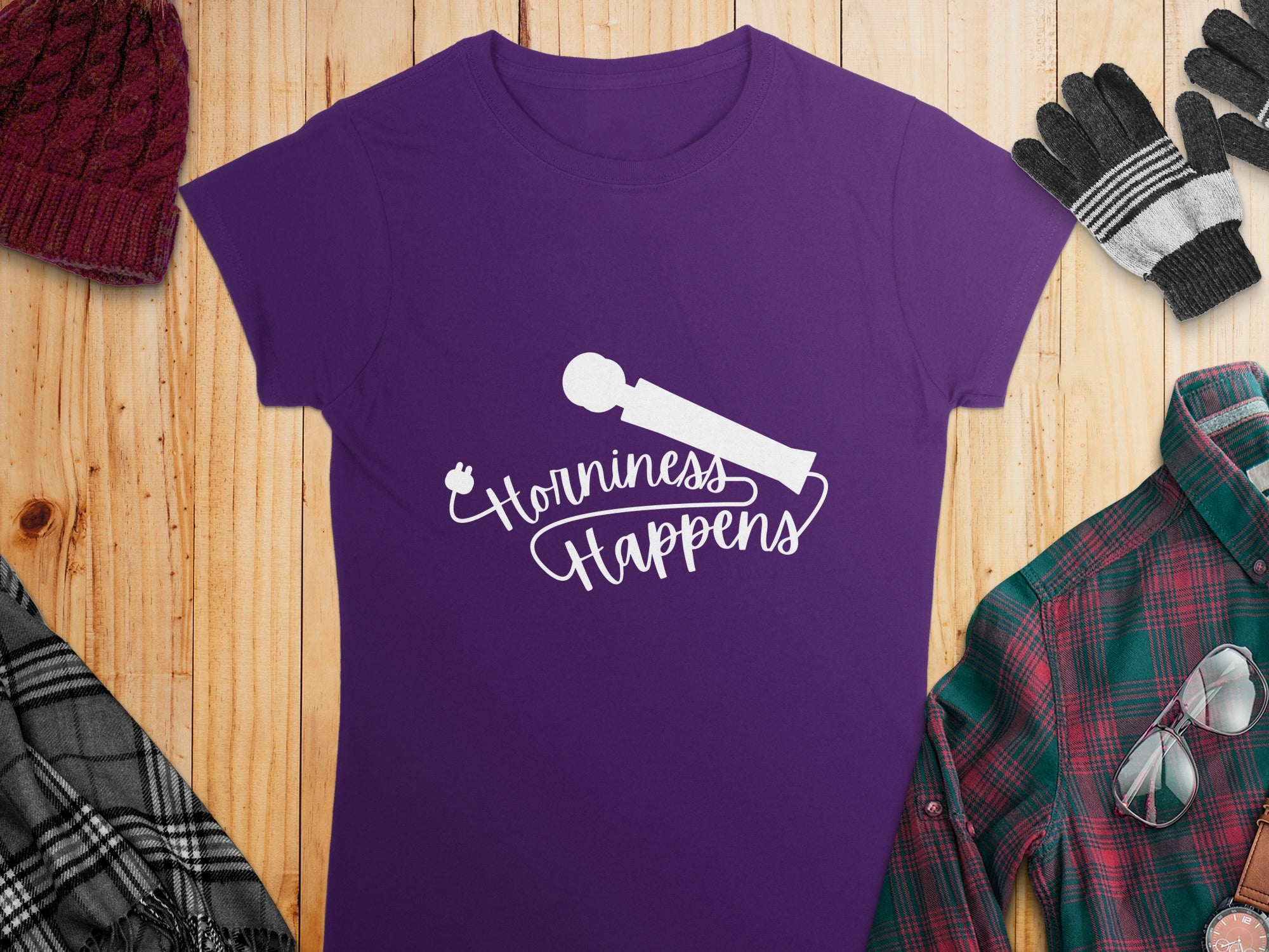 Horniness Happens Purple Graphic T-Shirt for Adults