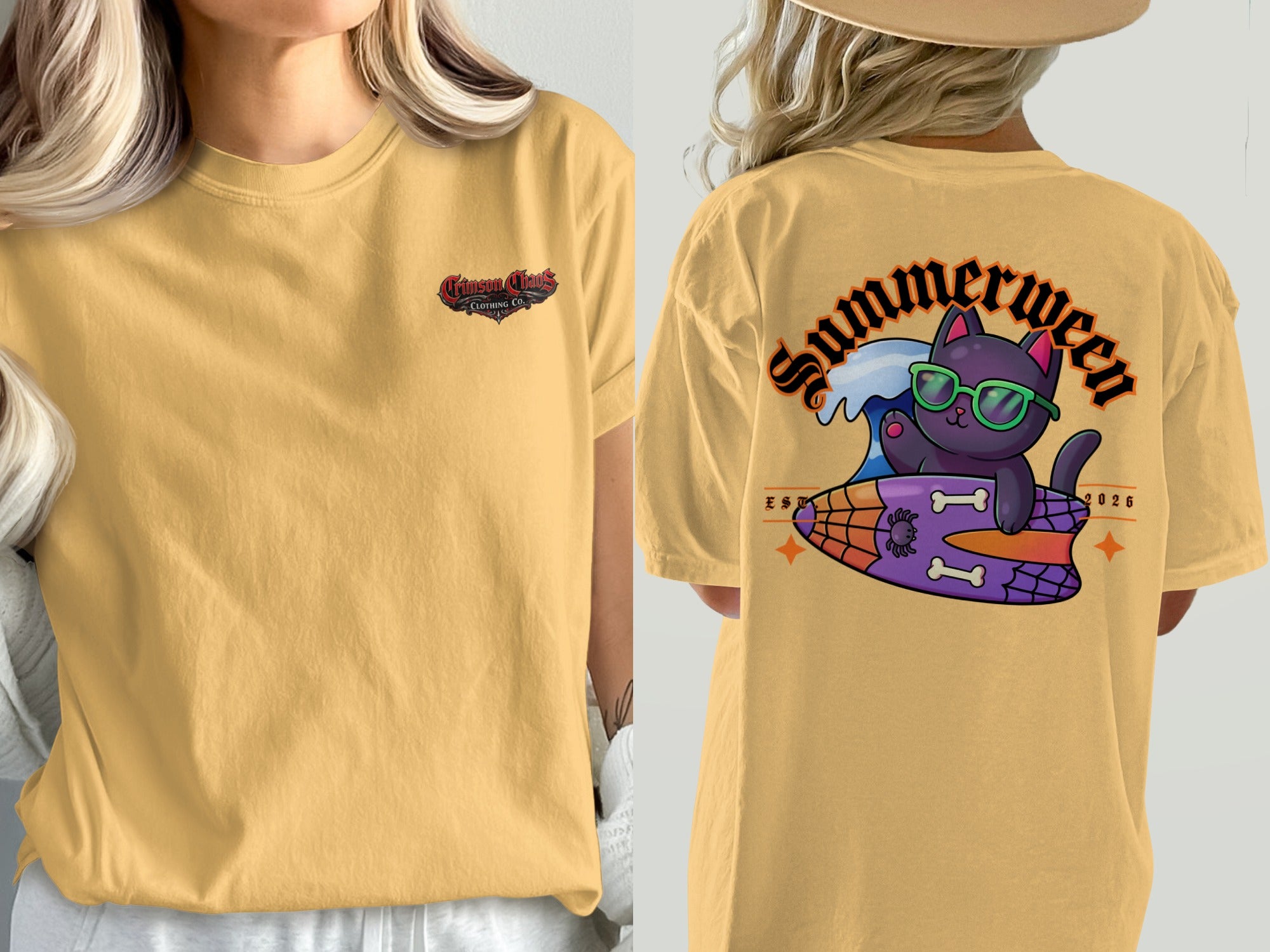 Yellow t-shirt with a cat surfing and text "Summerween" on the back.