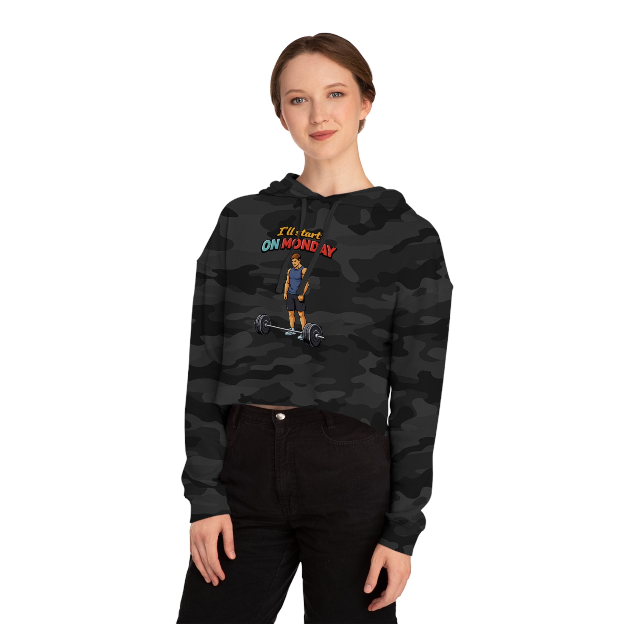 Cropped black camouflage hoodie with "I'll start ON MONDAY" graphic and weightlifter illustration.