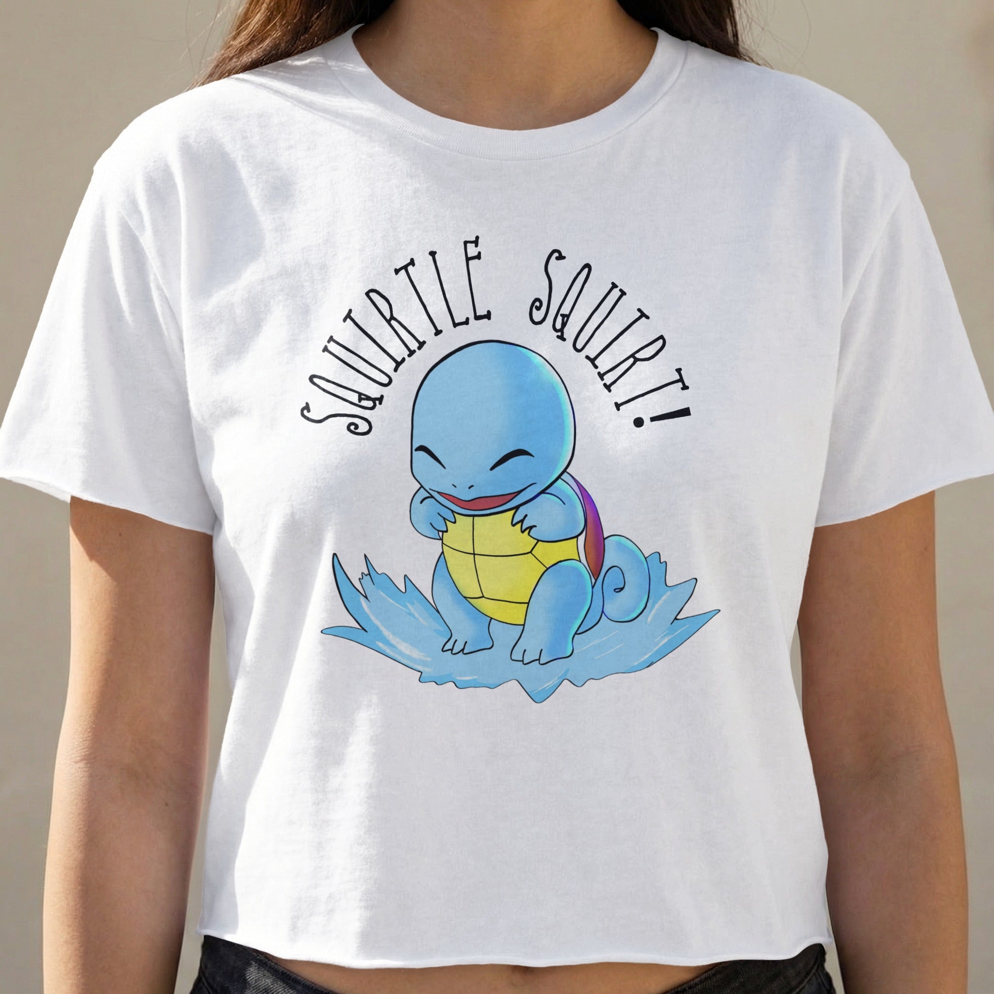 Squirtle with "Squirtle Squirt!" text on a white t-shirt.