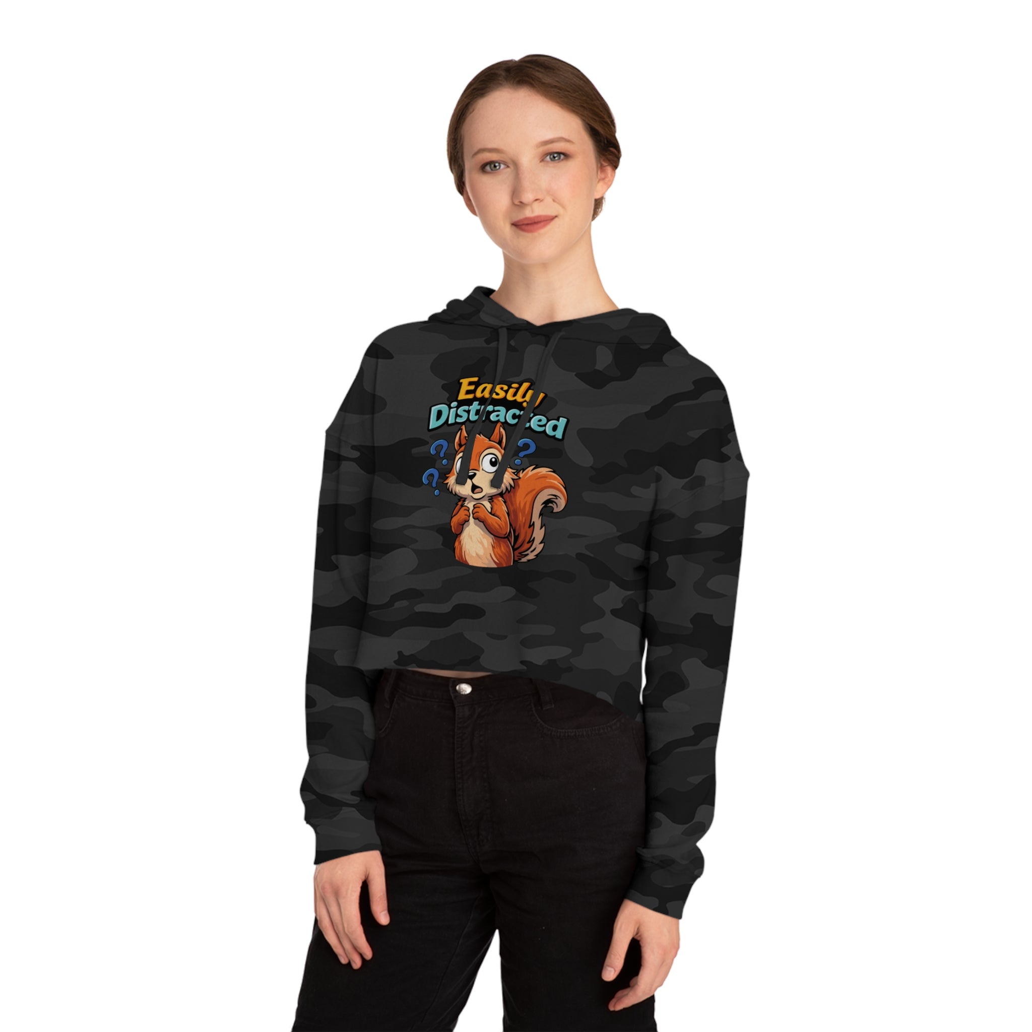 Black cropped hoodie with a distressed squirrel design and text "Easily Distracted".
