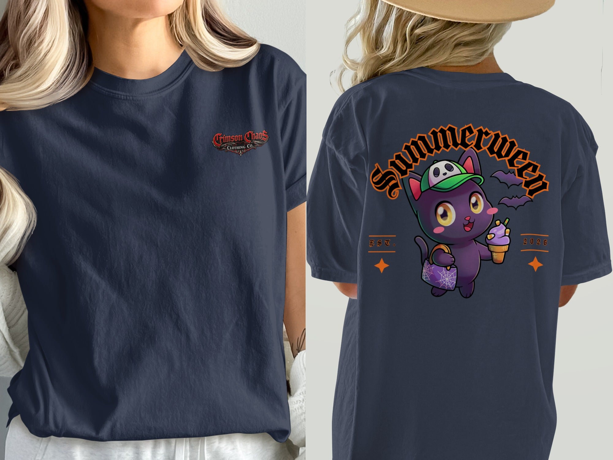 Dark navy t-shirt with crimson chaos clothing co. logo on front and cartoon cat with ice cream on back.